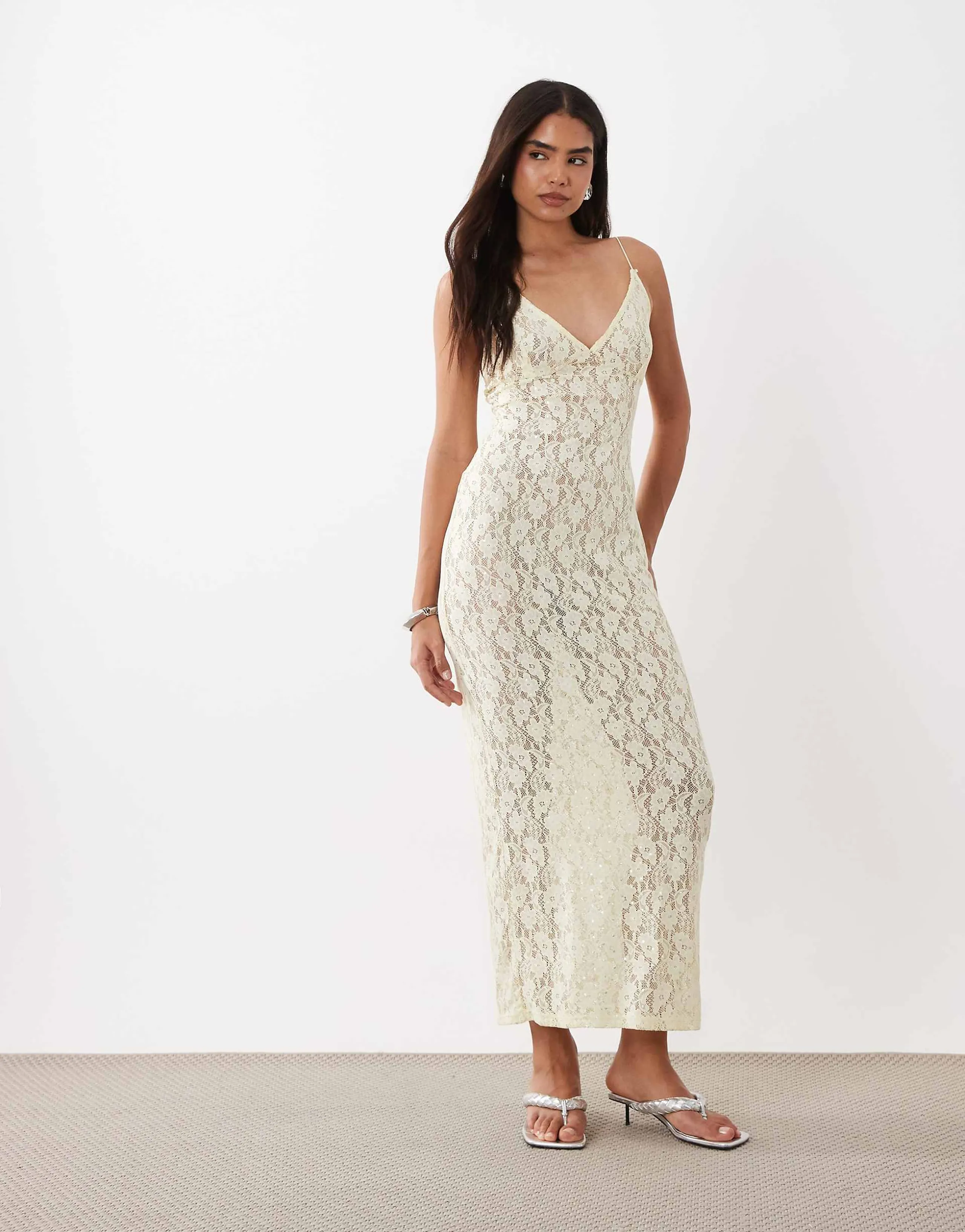 ASOS DESIGN foil sheer lace maxi dress in yellow