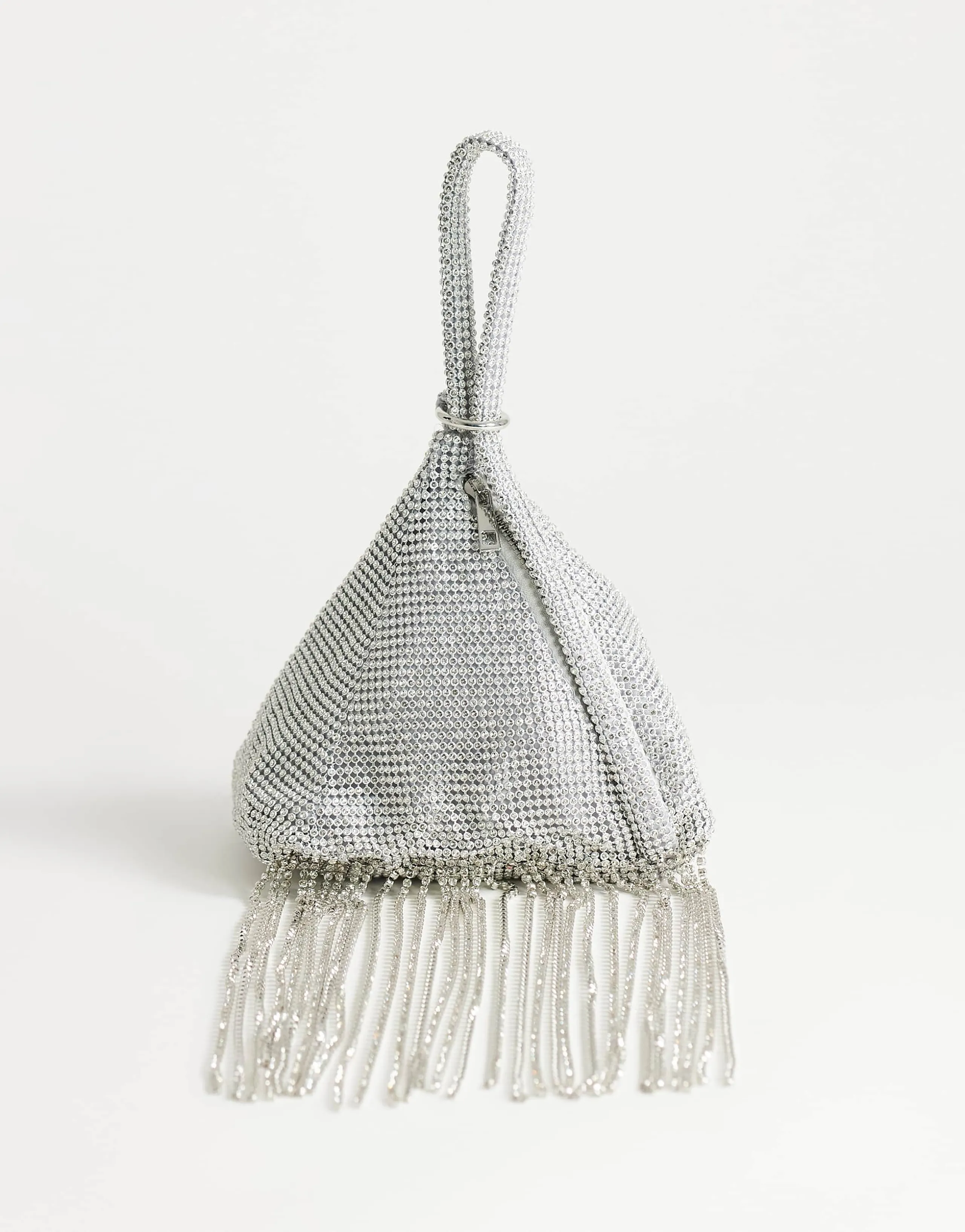 Topshop Matty small diamante triangle grab bag with tassels in silver