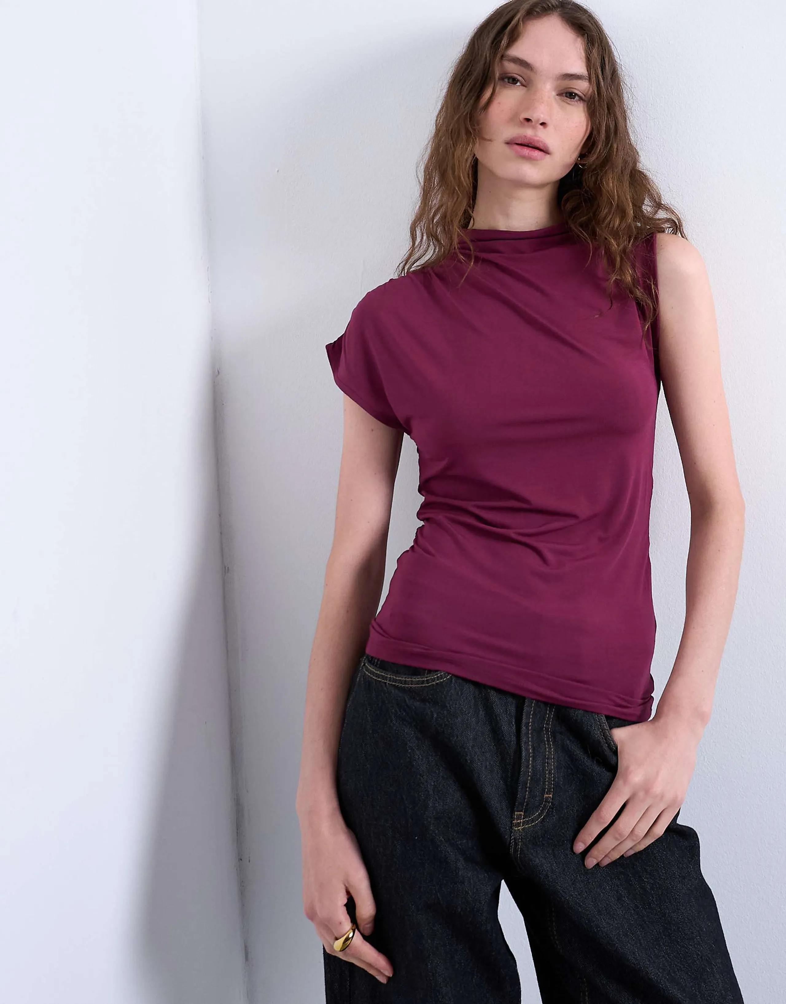 Topshop high neck asymmetric ruched sides tank top in burgundy