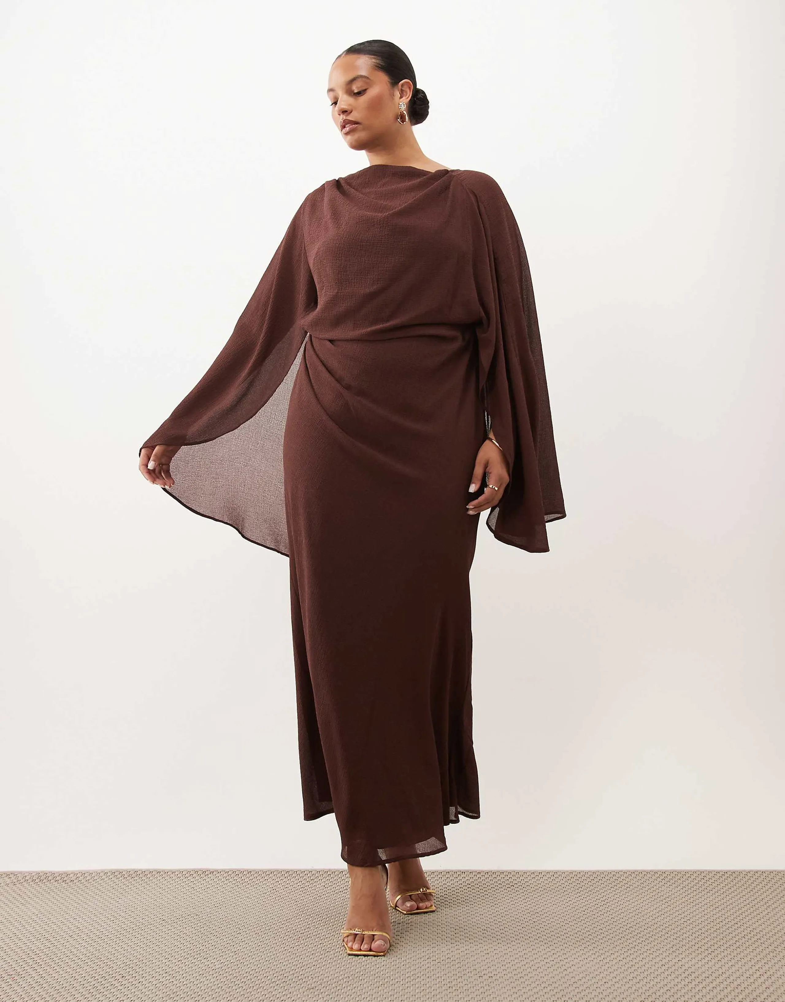 ASOS DESIGN Curve kimono sleeve cape detail draped midaxi dress with open back in chocolate