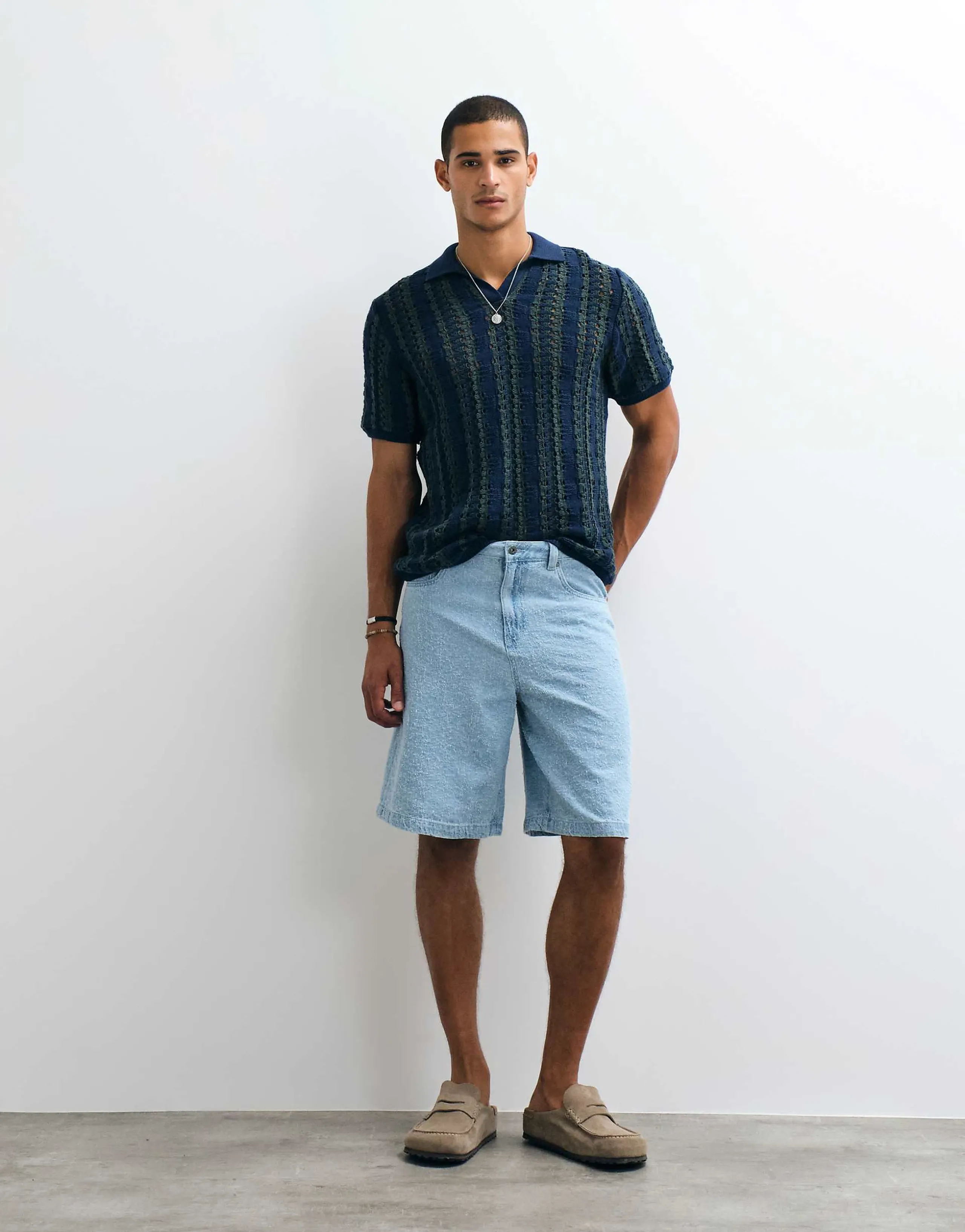 ASOS DESIGN loose textured denim jorts in light wash blue