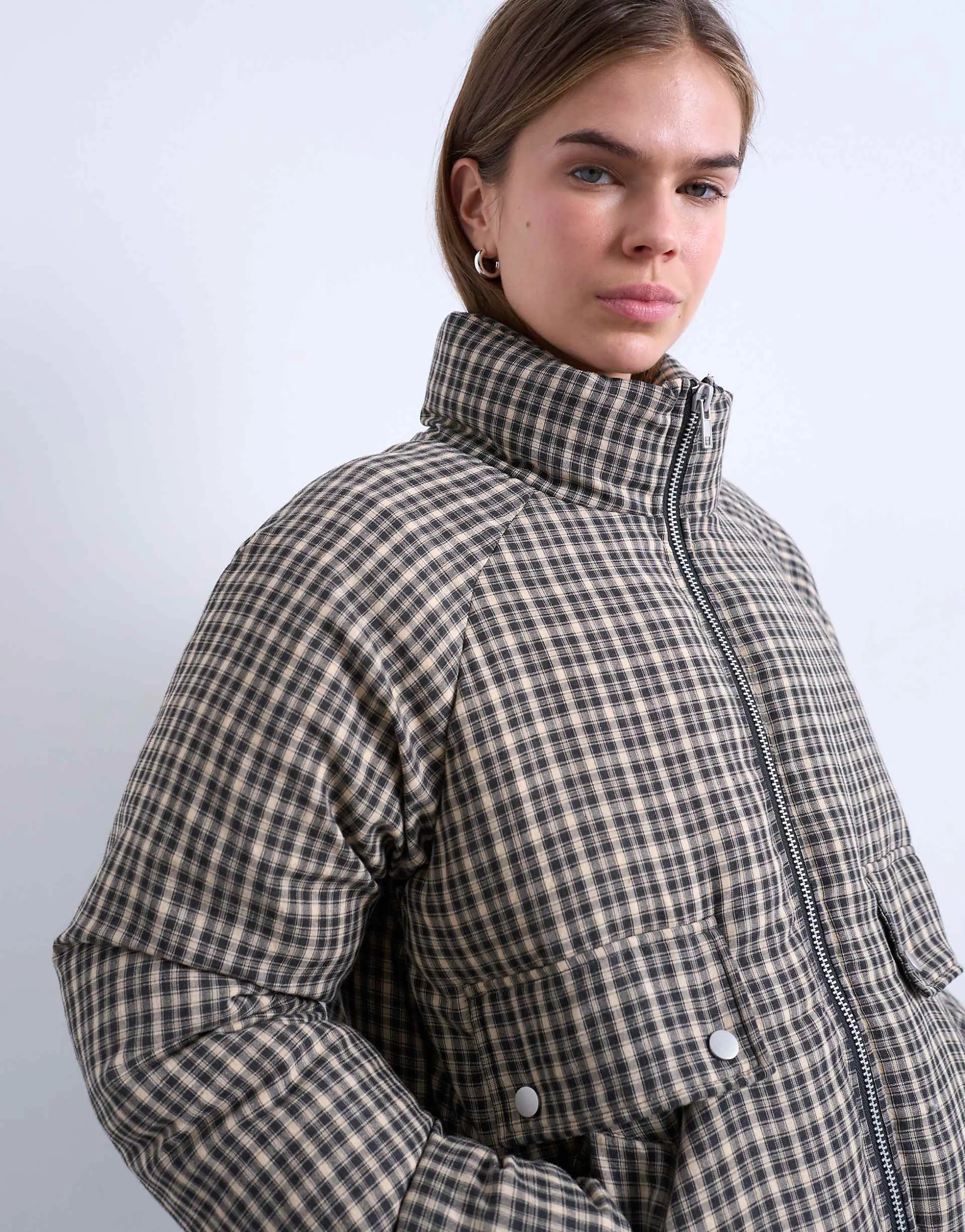Topshop micro check funnel neck puffer jacket in black