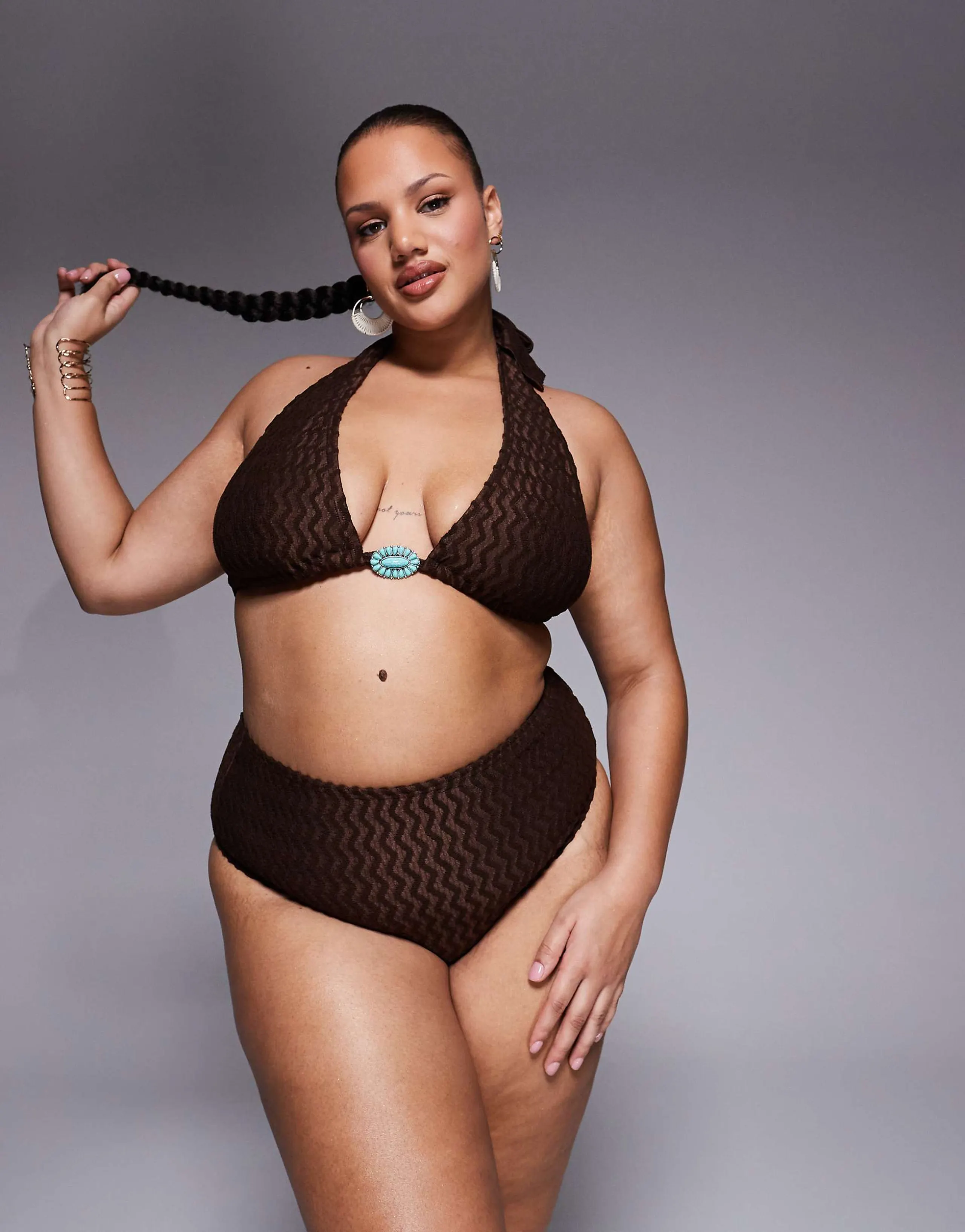 South Beach Curve textured high waist bikini bottoms in brown
