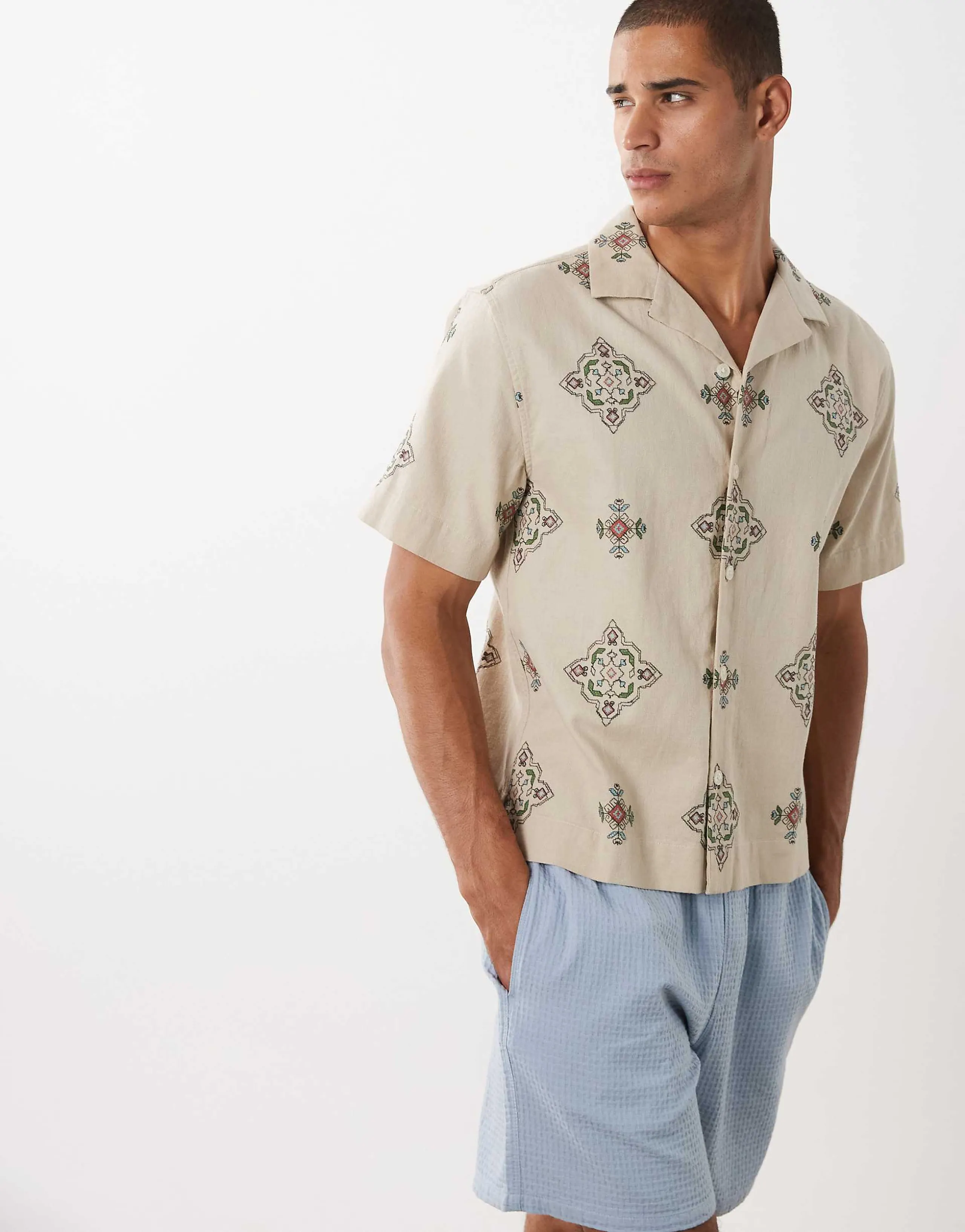 Abercrombie & Fitch boxy short sleeve shirt in all-over beige tile print