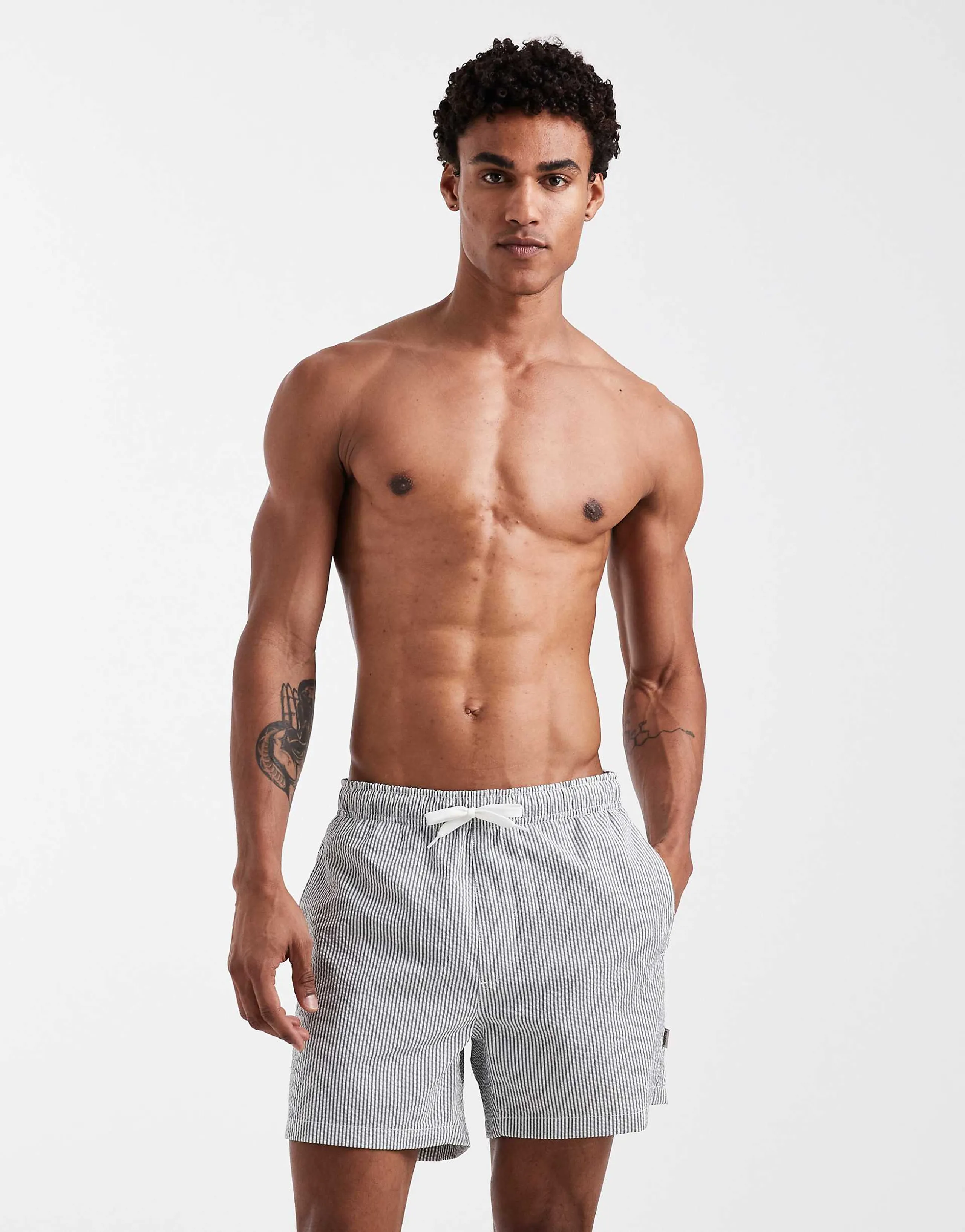 ONLY & SONS seersucker swim shorts in dark green stripes