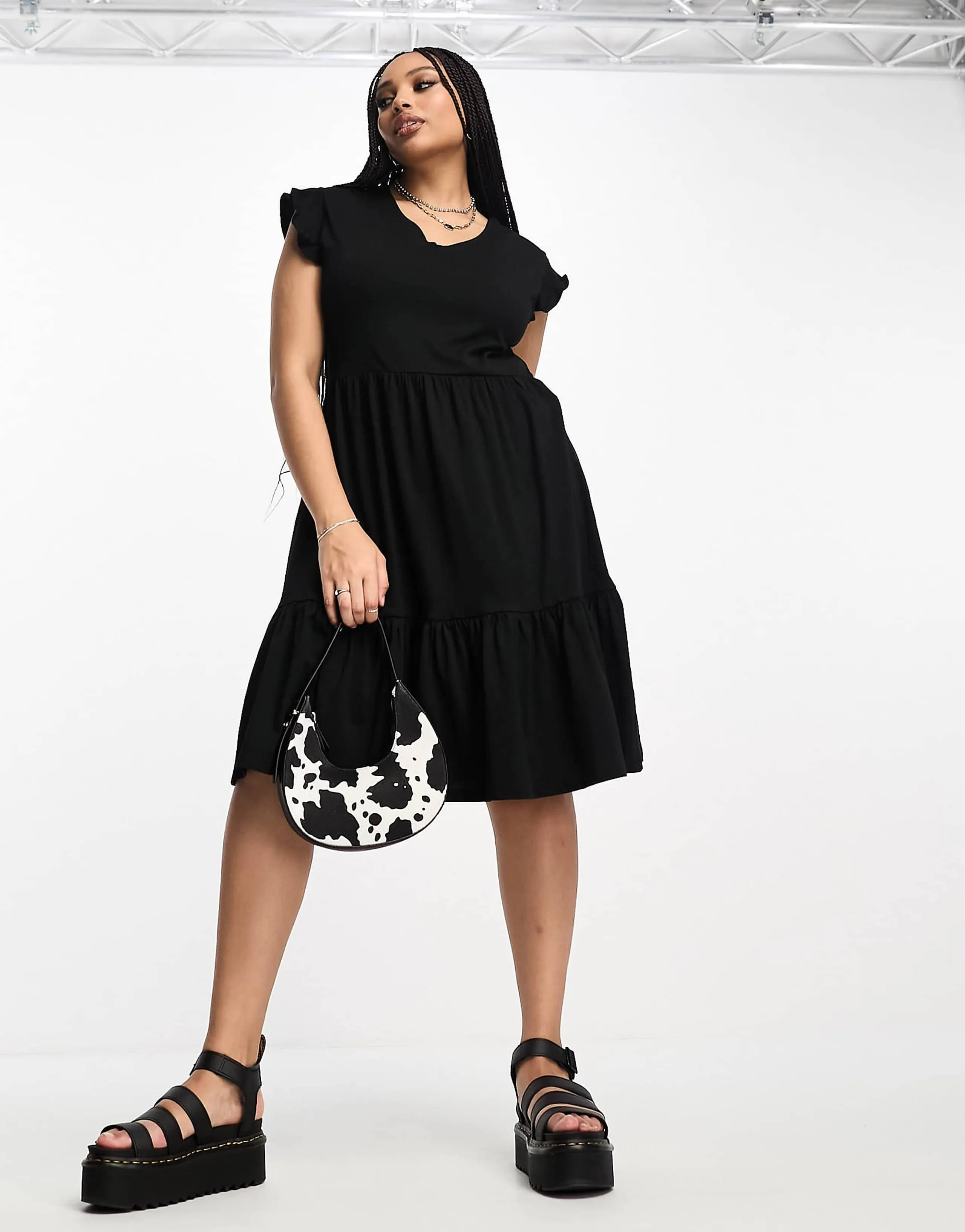 Only Curve tiered mini dress in black