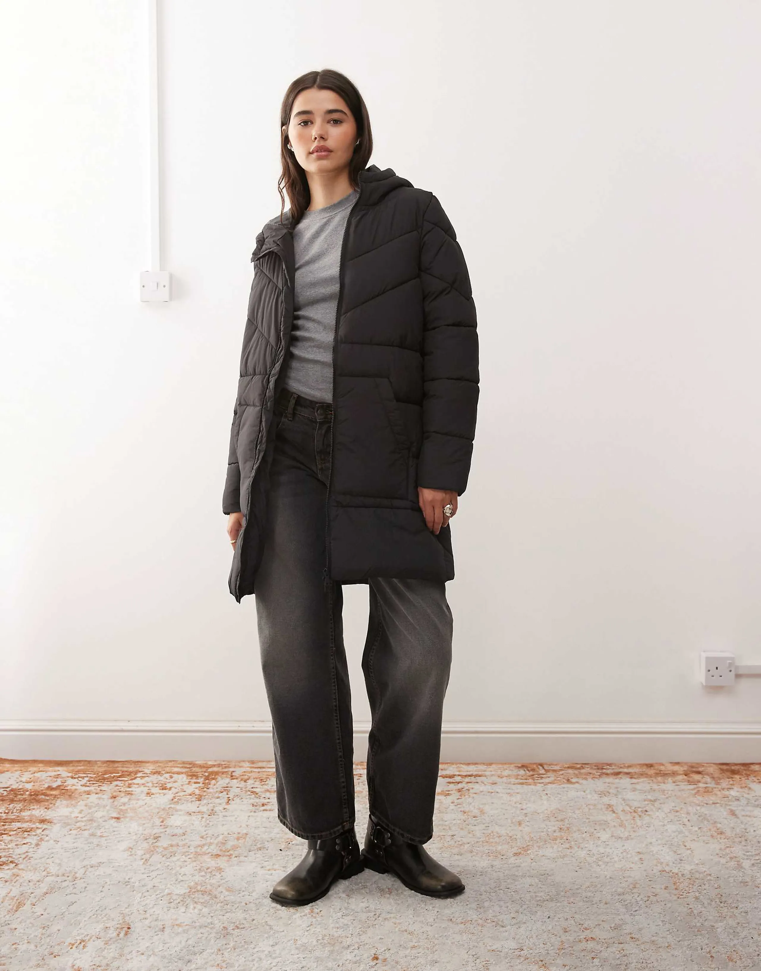 Noisy May longline puffer coat with hood in black