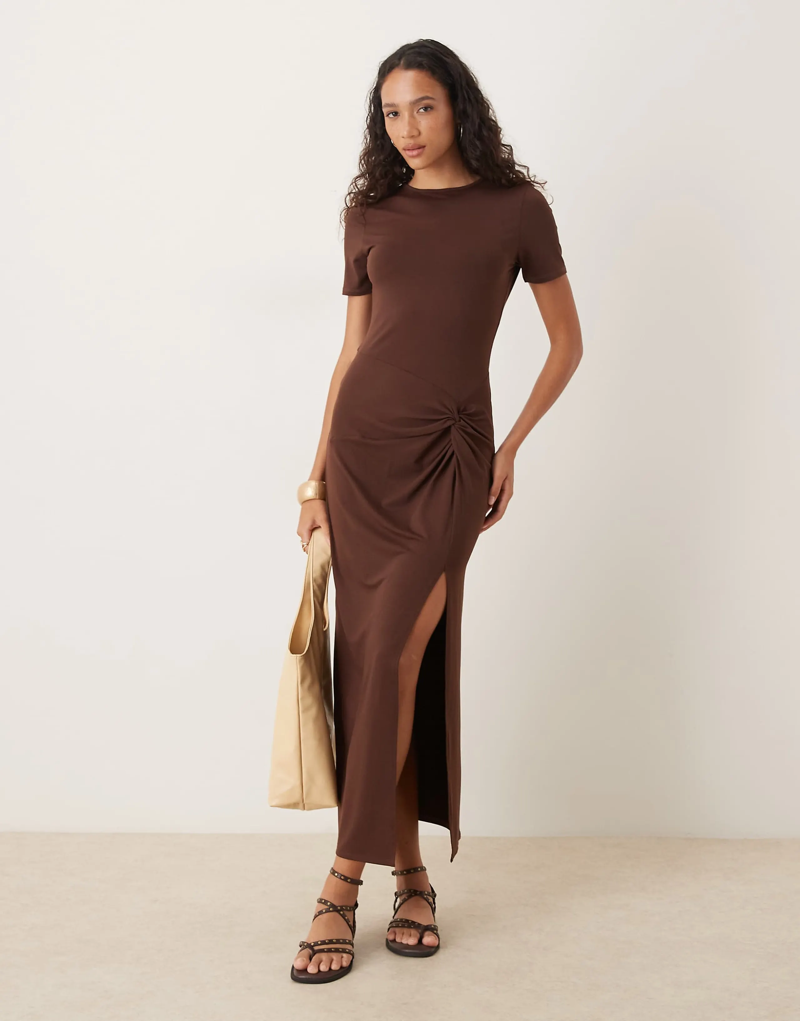 ASOS DESIGN short sleeve knot front midi dress in chocolate