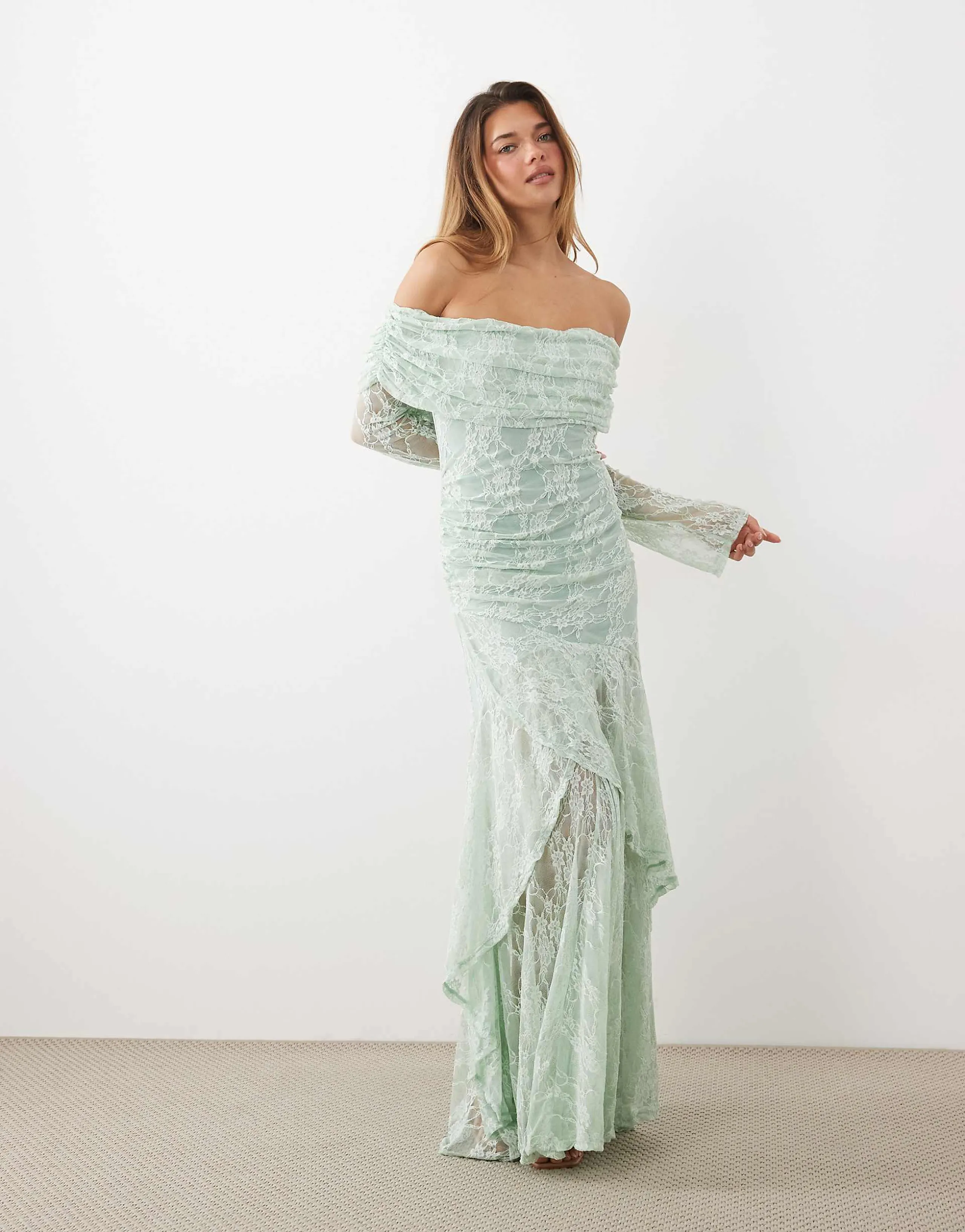 ASOS DESIGN off the shoulder long sleeve lace maxi dress in mint