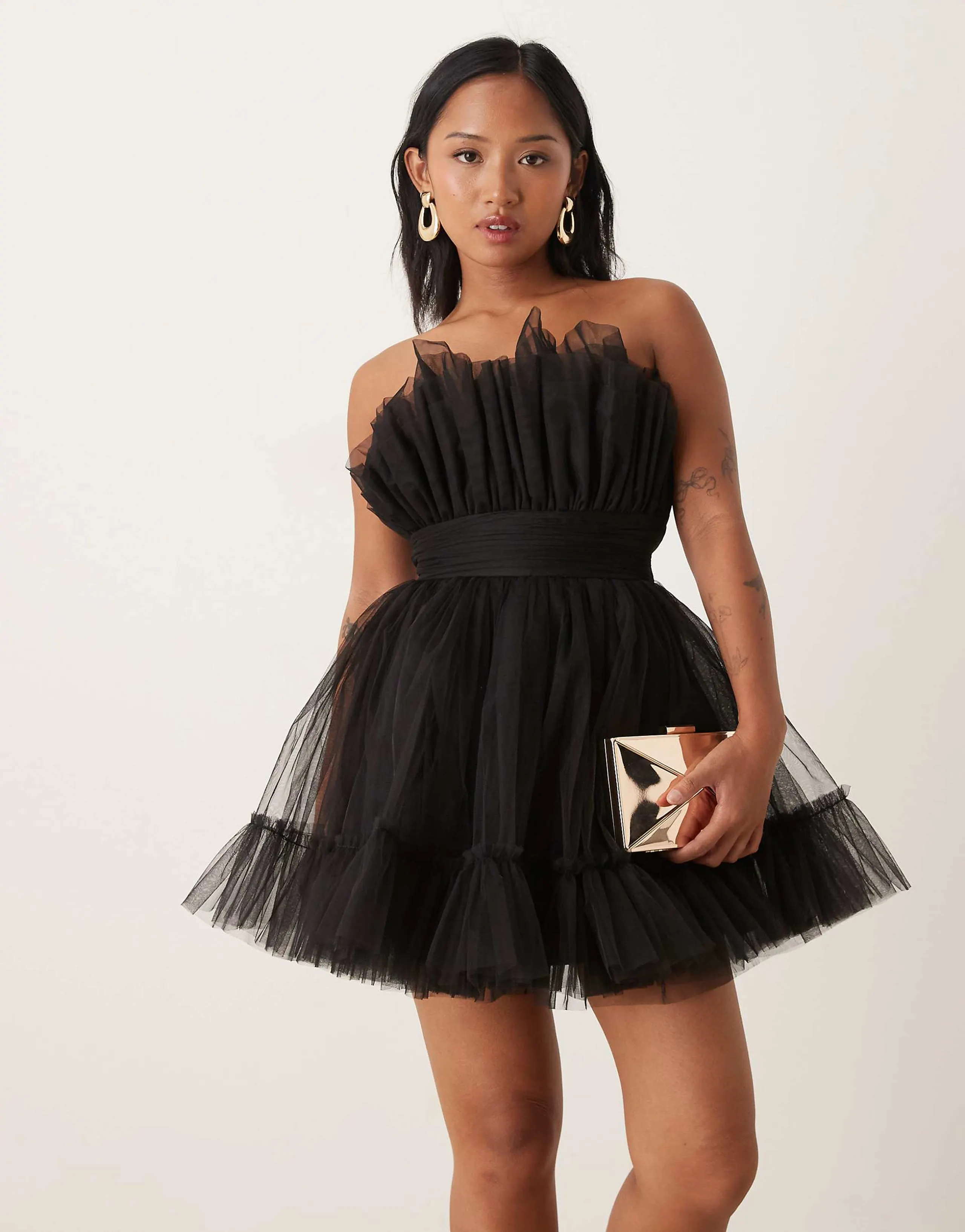 Lace & Beads Petite bandeau structured mini dress in black