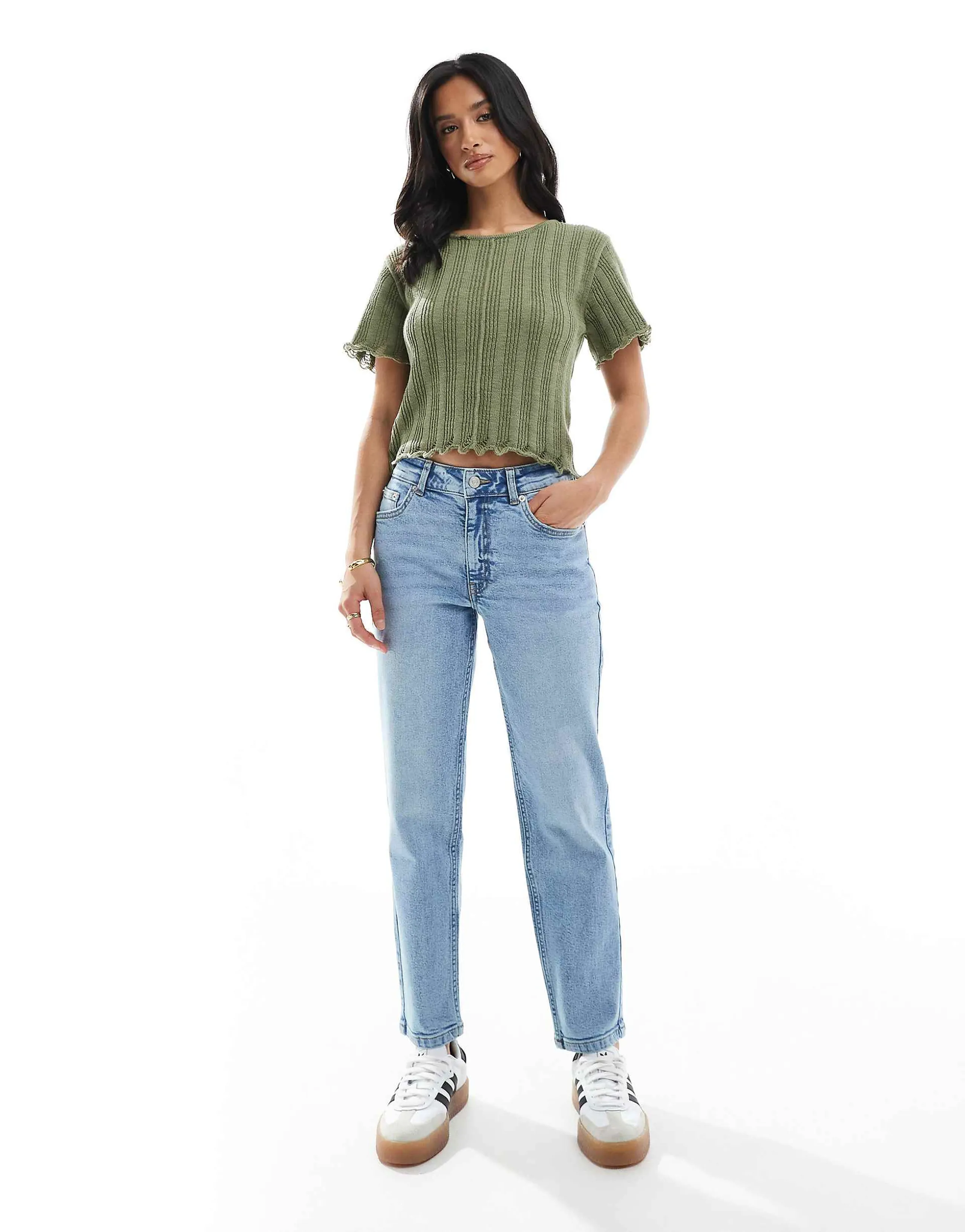ASOS DESIGN Petite slim fit mom jeans in mid blue