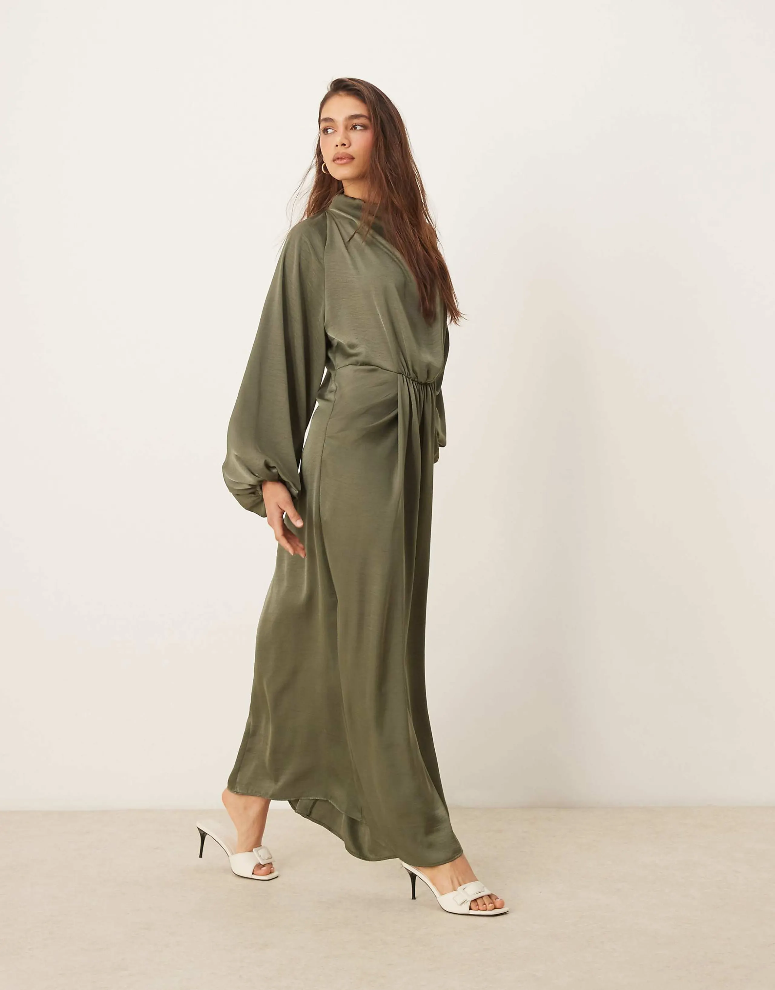 ASOS DESIGN draped blouson sleeve satin maxi dress in olive