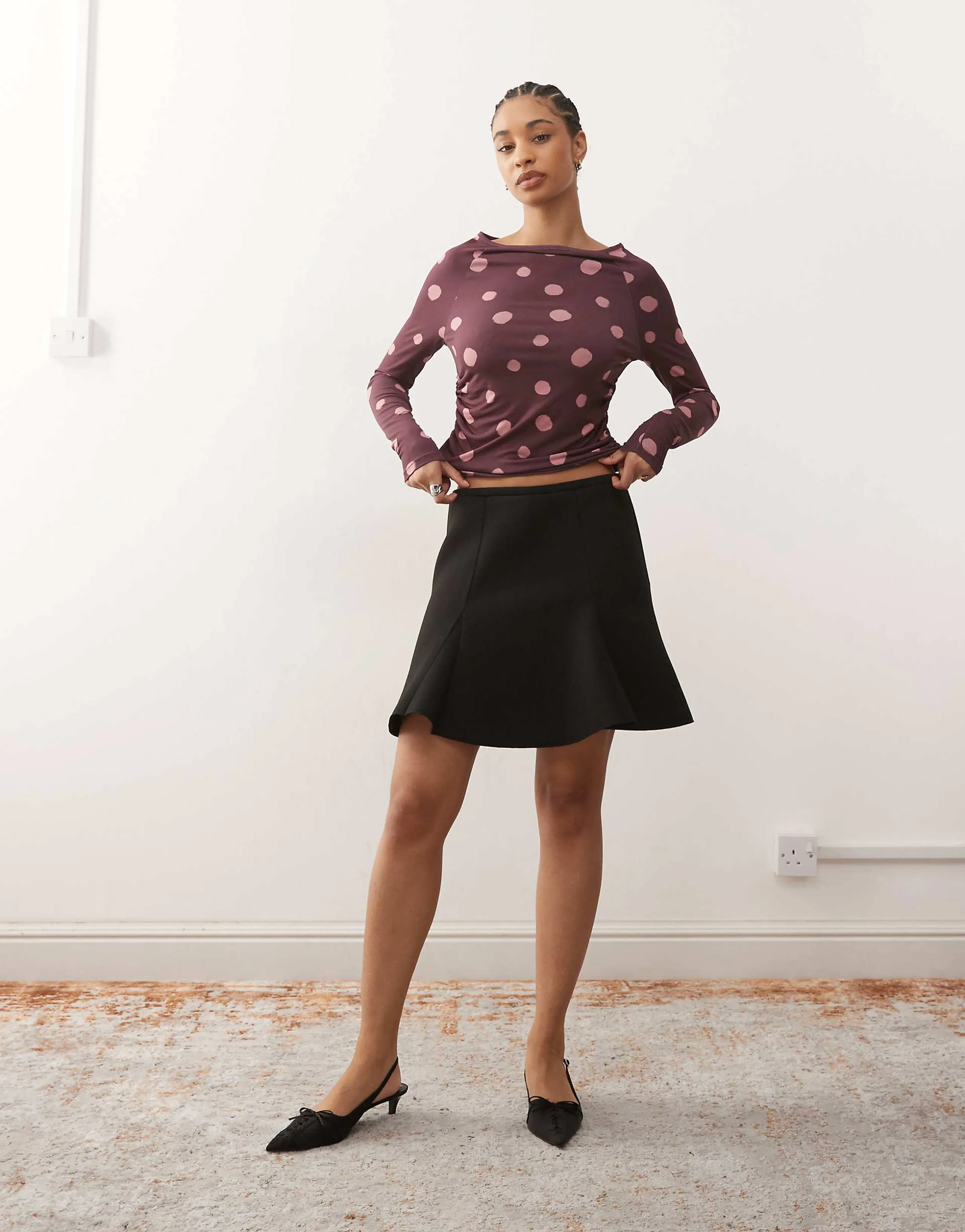 Monki structured hem mini skirt in black