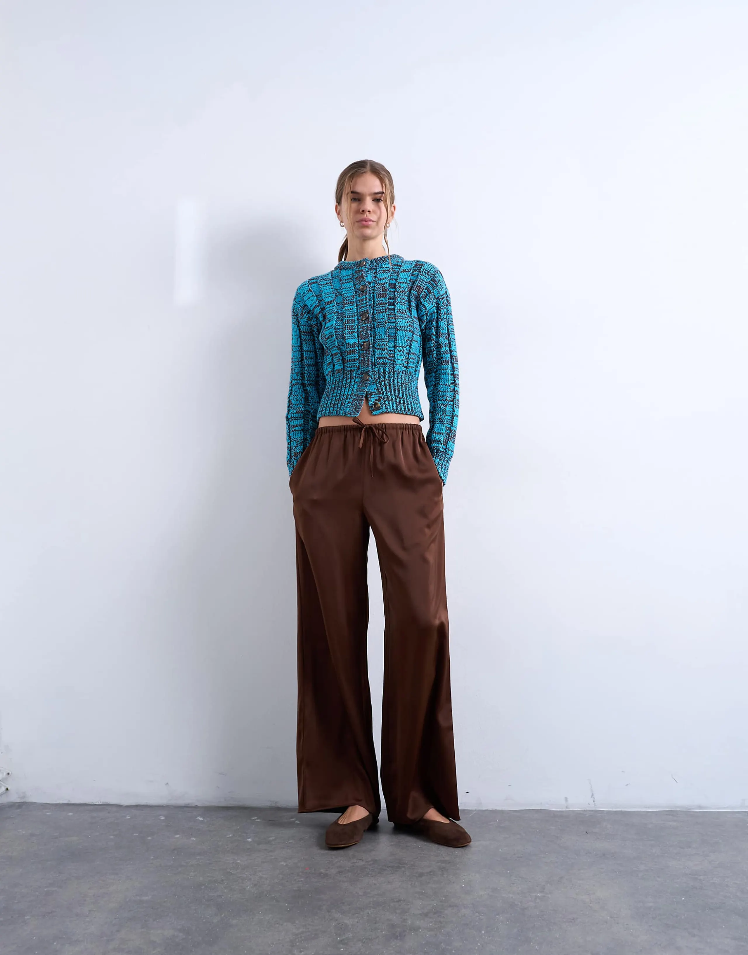 Topshop satin tie waist wide leg pants in chocolate