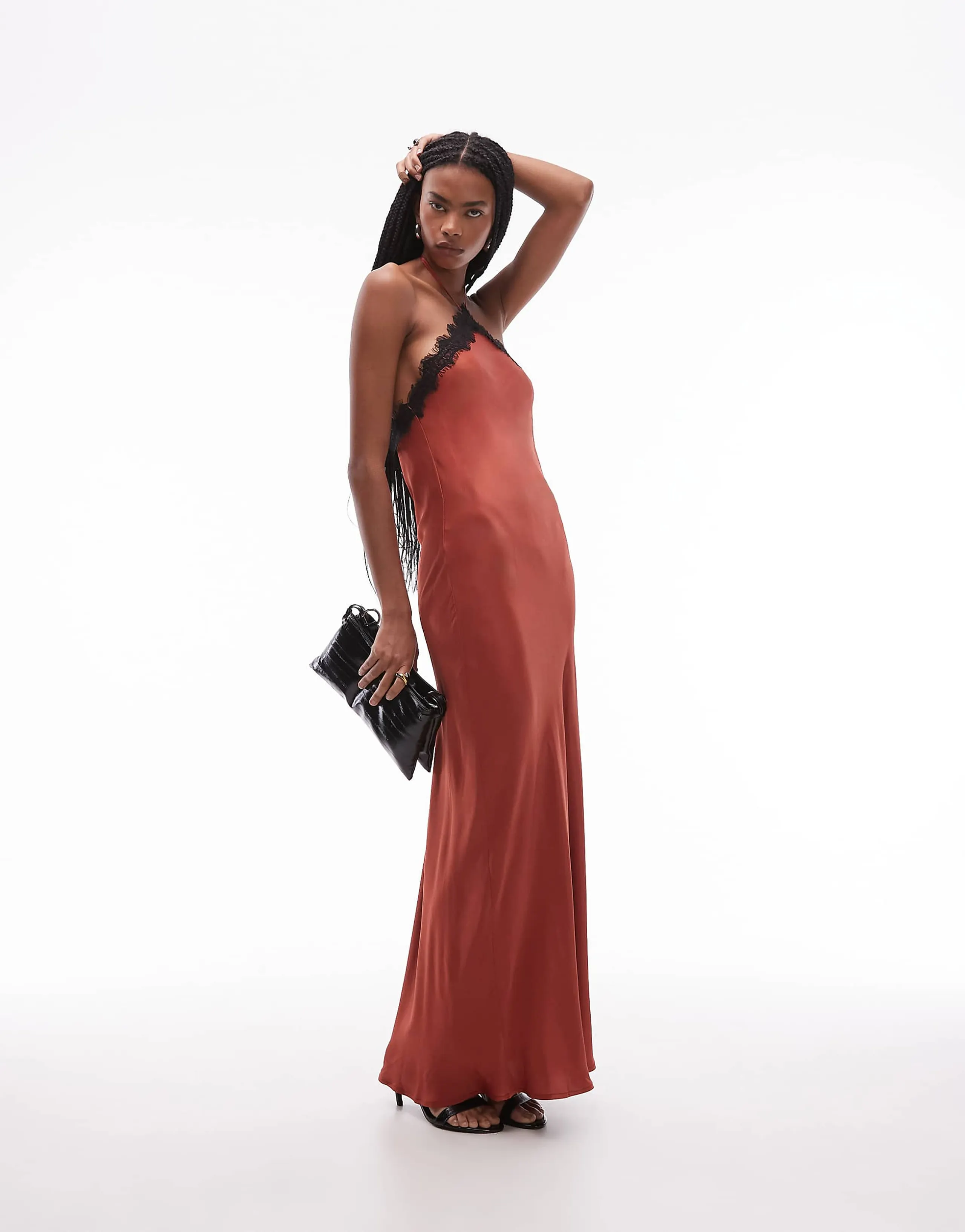 ASOS DESIGN halter neck satin slip maxi dress with lace trim in rust