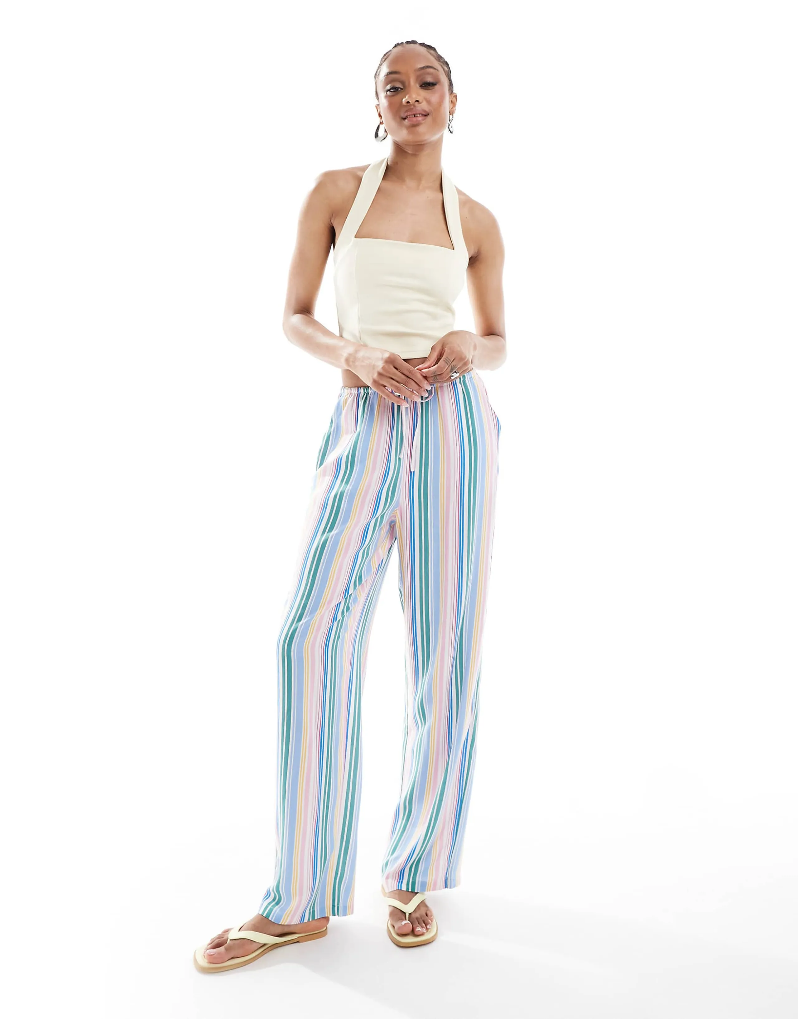 Vero Moda Tall Easy tie waist wide leg pants in candy stripe