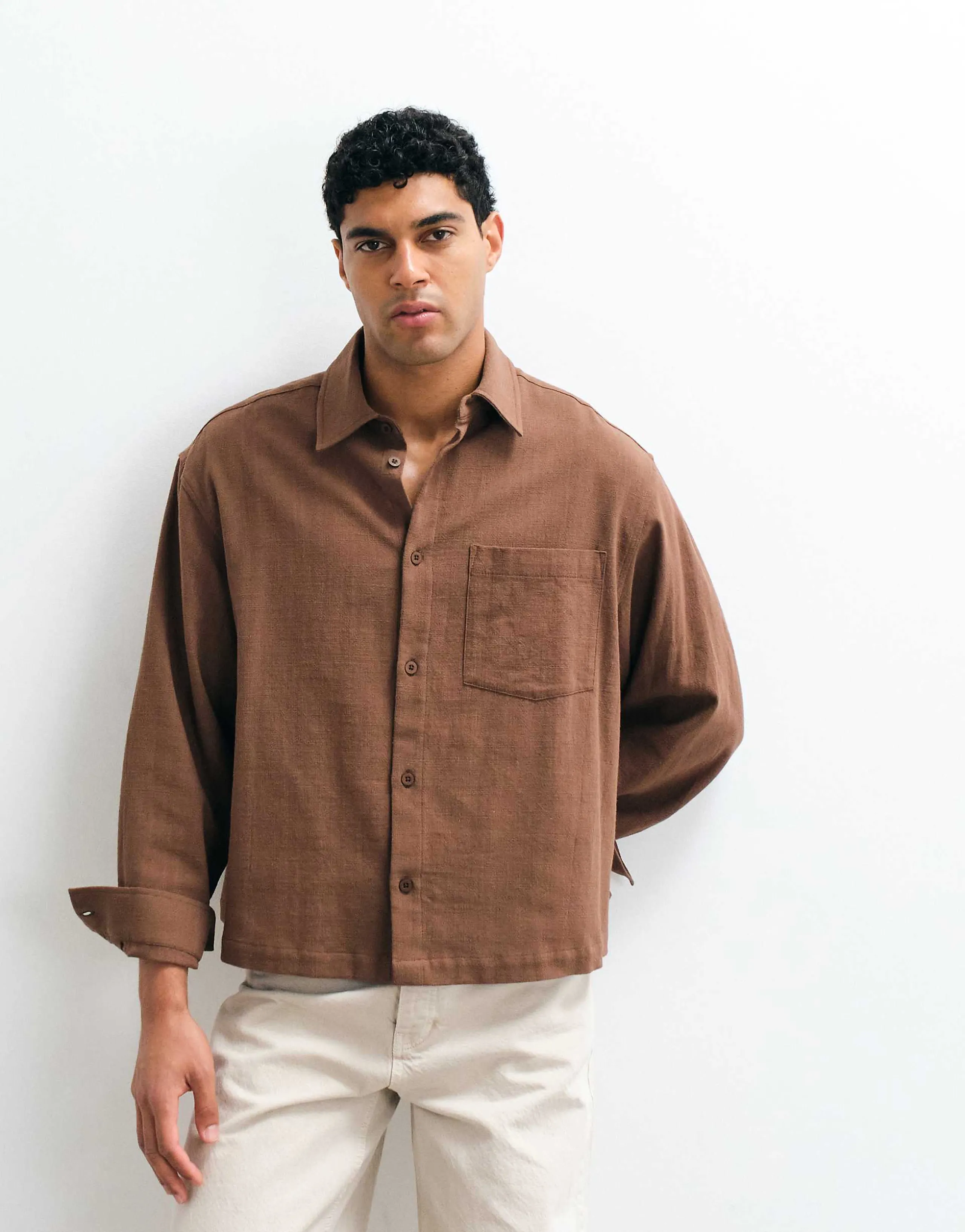 ASOS DESIGN boxy oversized linen look shirt in brown