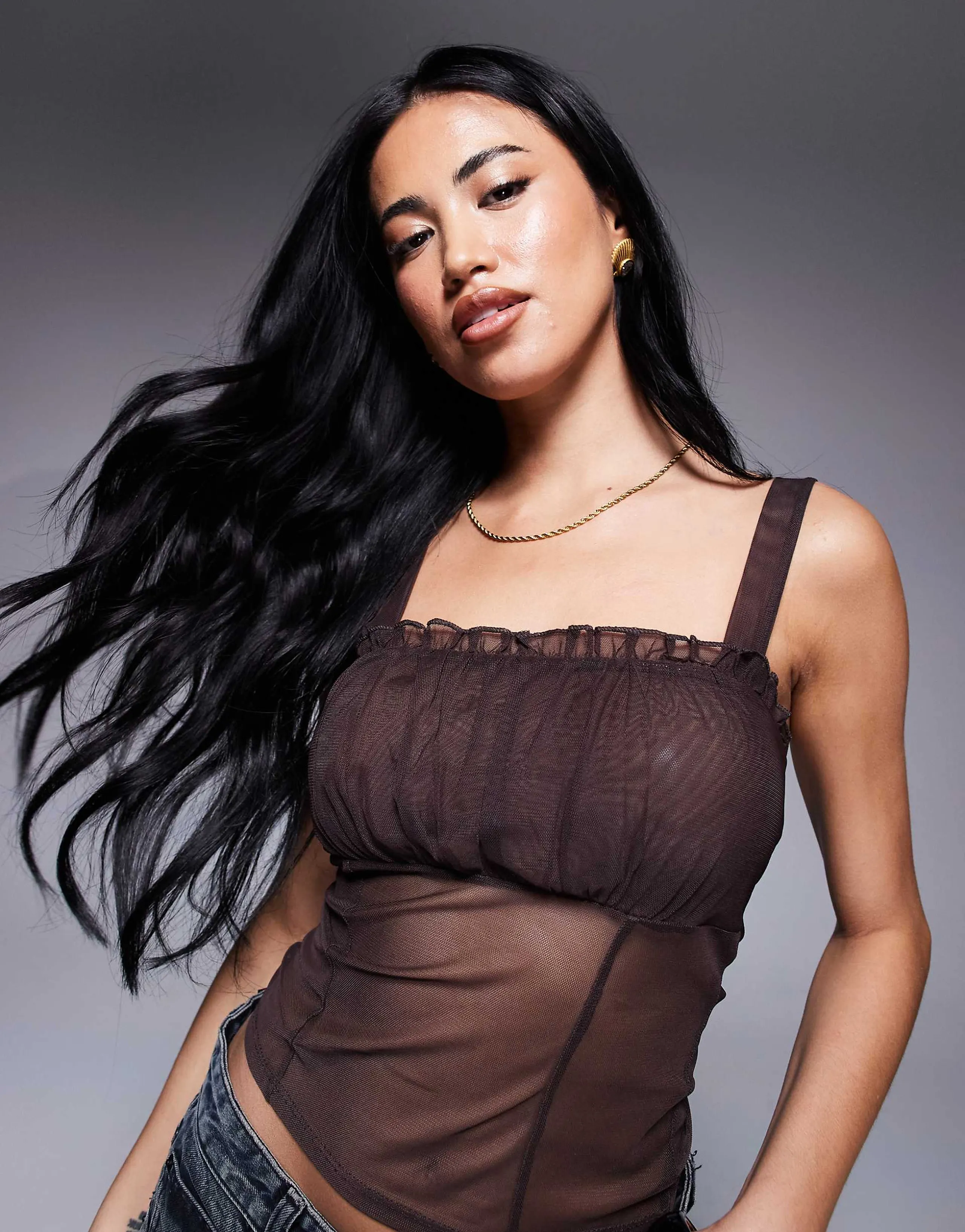 ASOS DESIGN ruched mesh top with seam details in chocolate