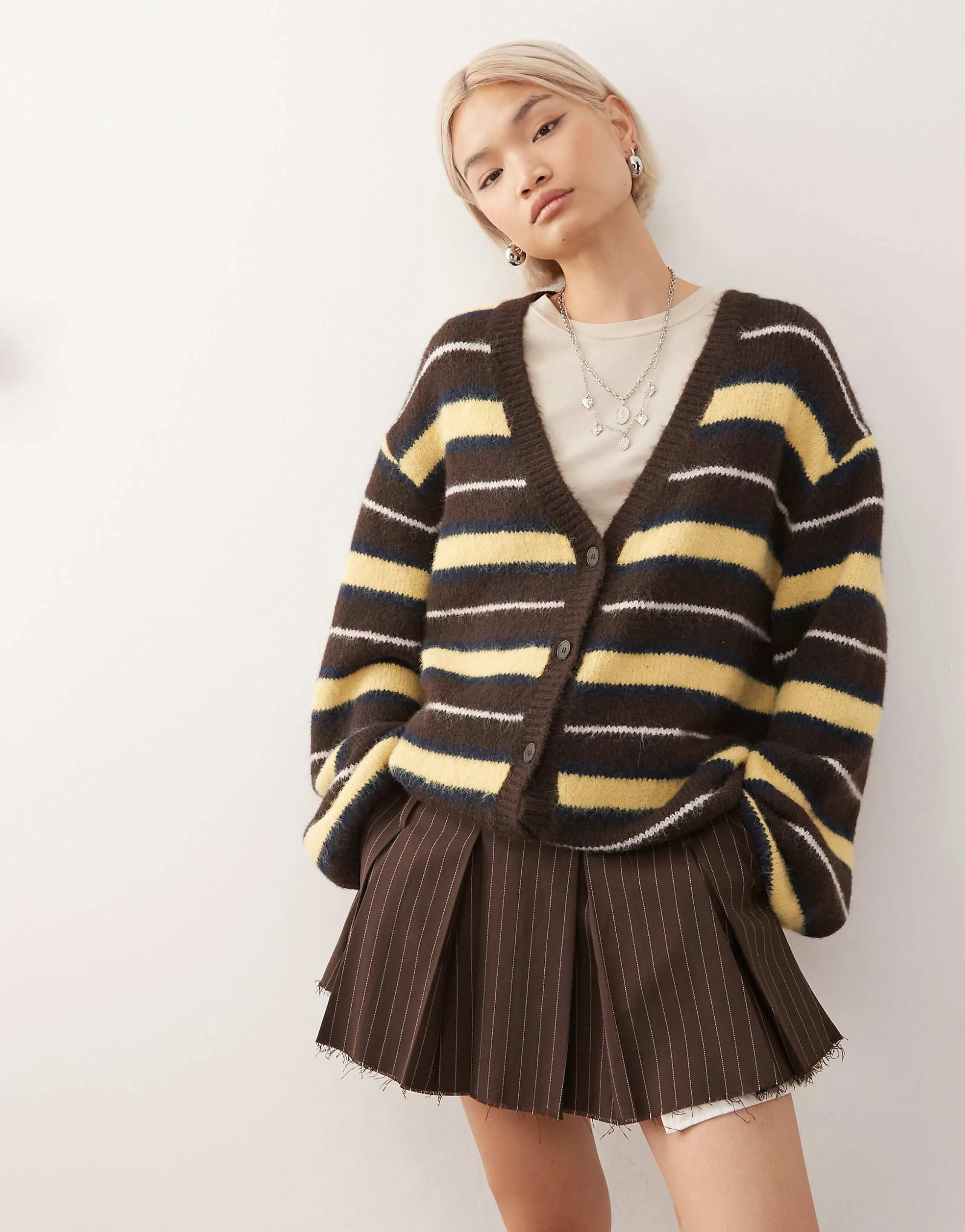 Monki oversized fluffy knit cardigan in brown and yellow stripe