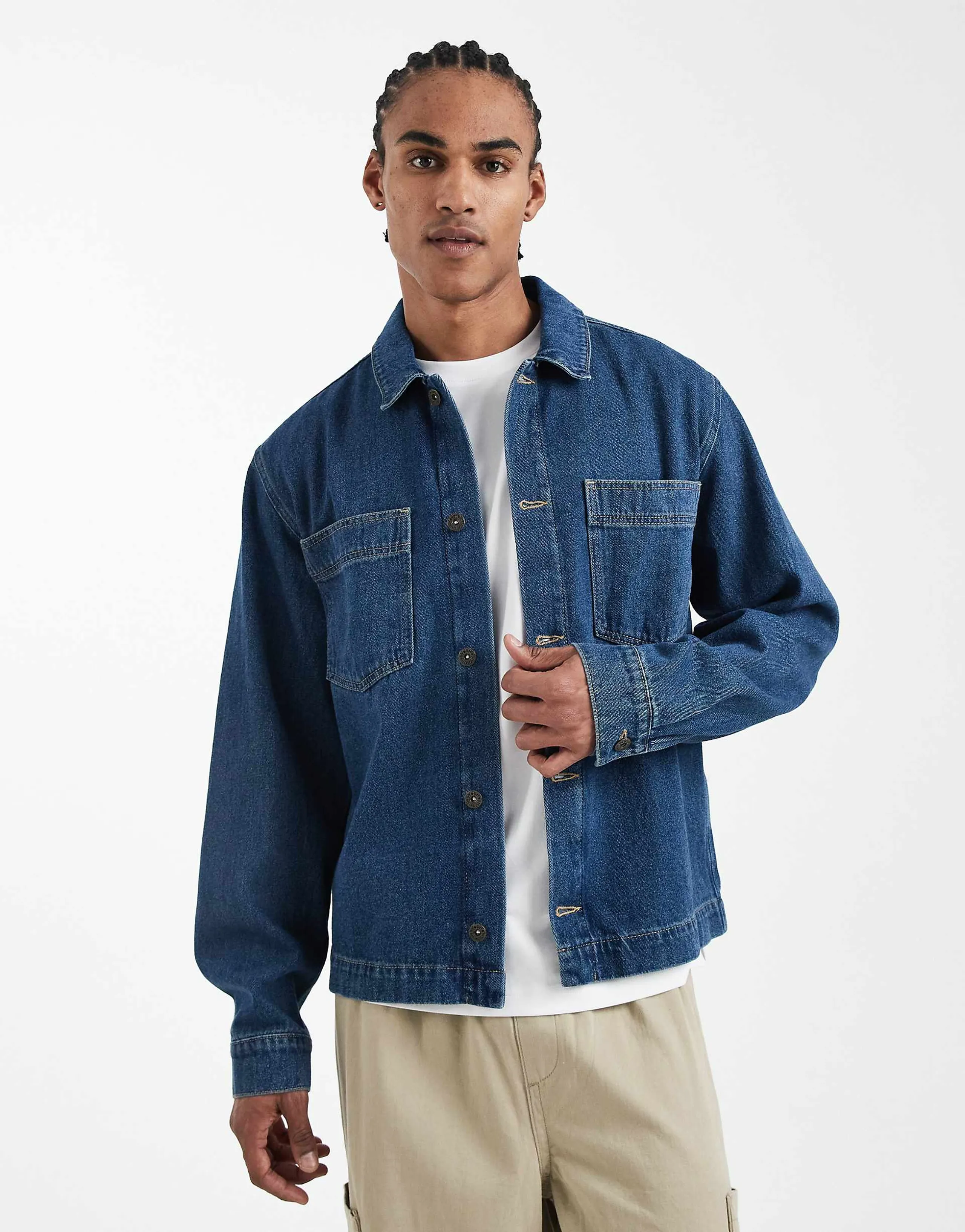 ASOS DESIGN long sleeve denim shirt in dark wash blue with tint