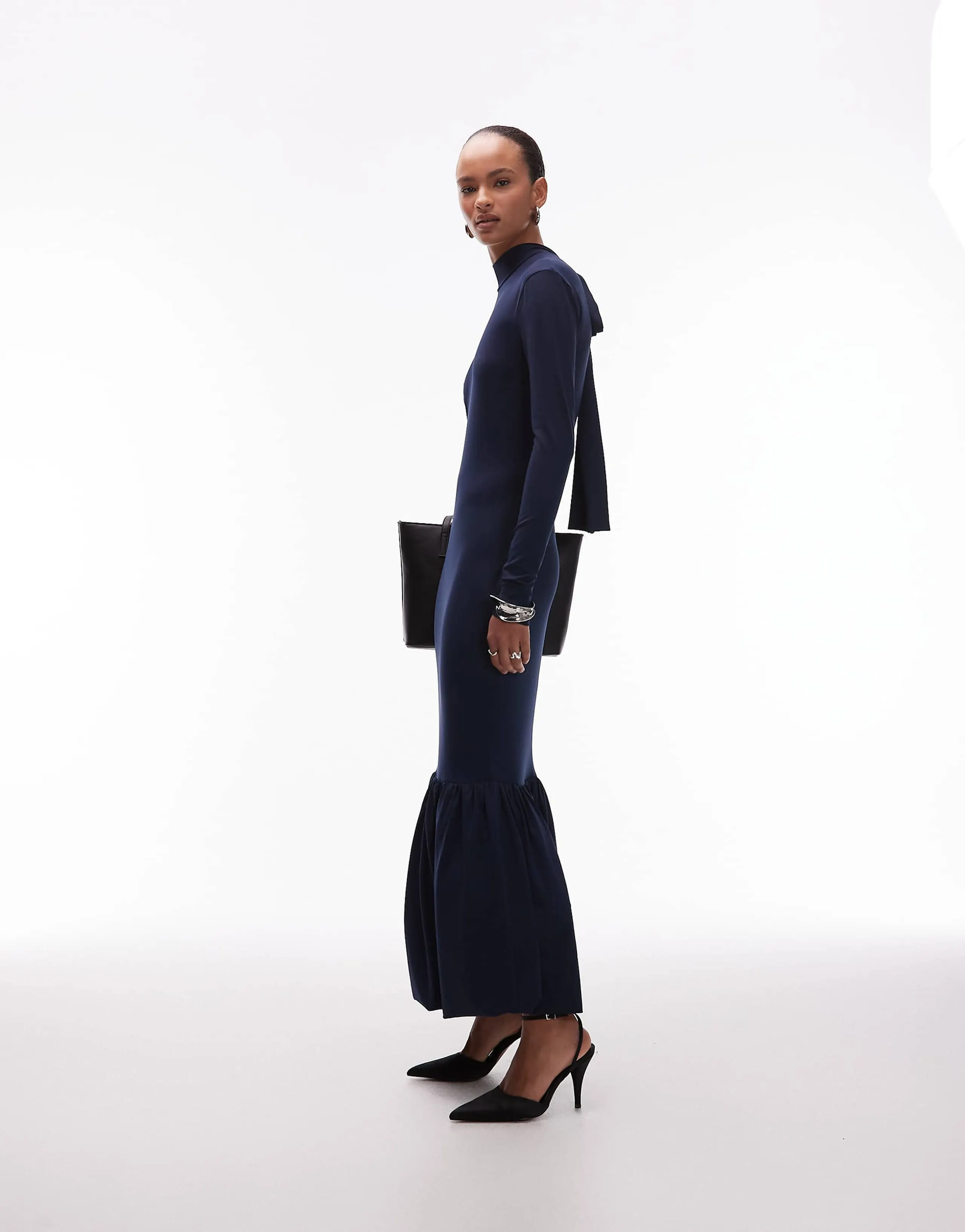 ASOS DESIGN power shoulders maxi dress with bow back and peplum hem in navy