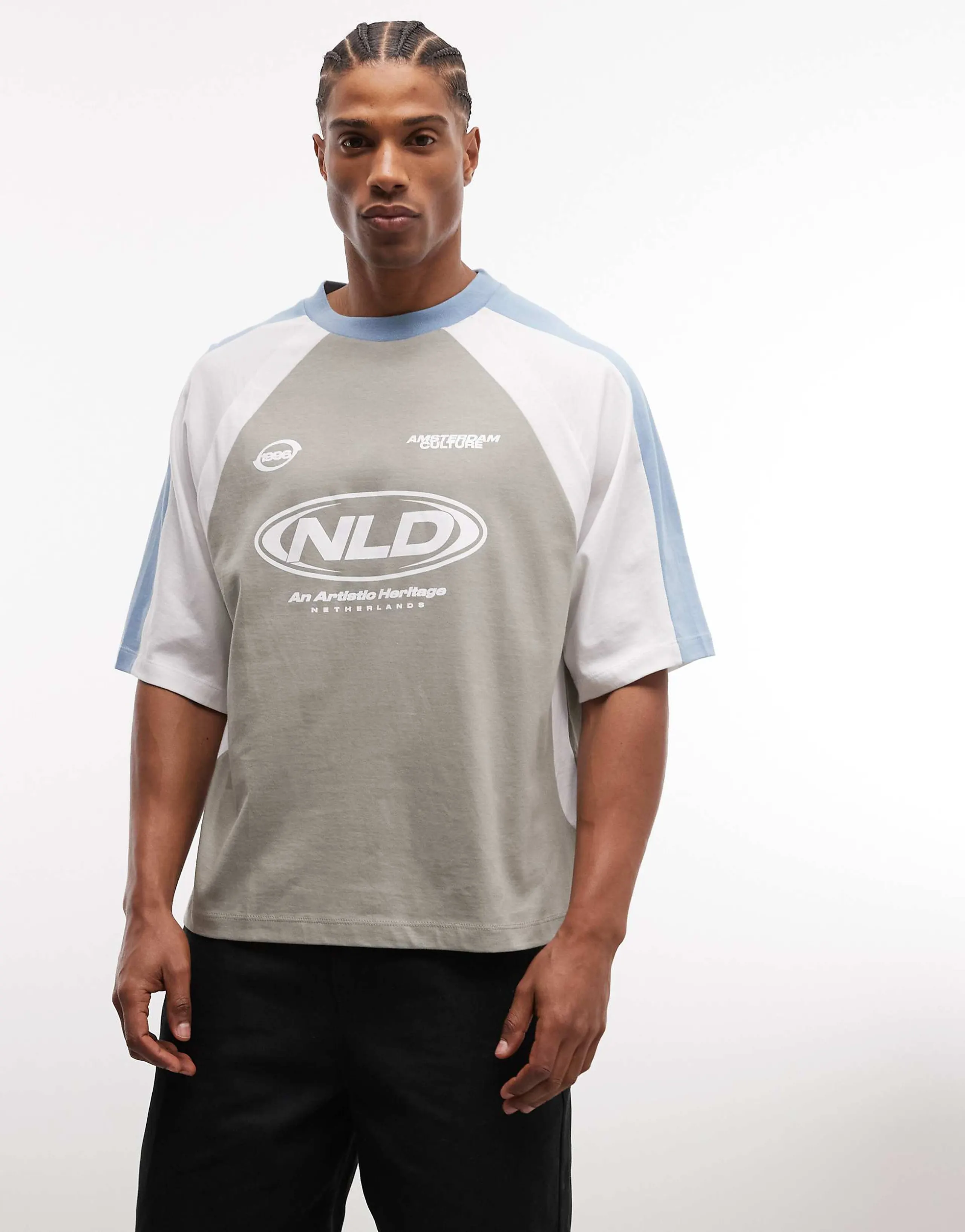 ASOS DESIGN boxy oversized t-shirt with cut and sew paneling and athletic graphic in gray