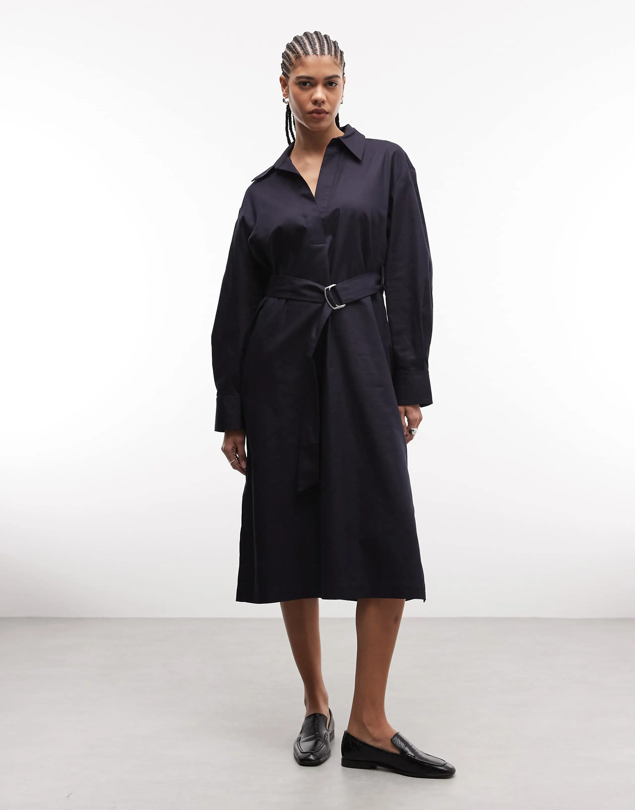 & Other Stories cotton midi shirt dress with belt in dark blue 