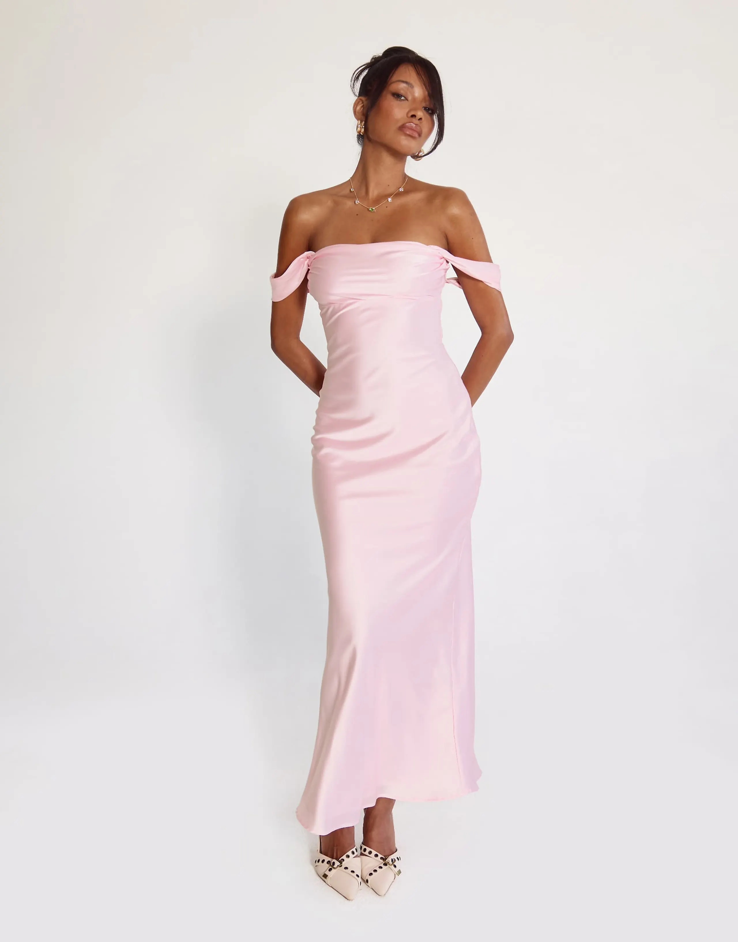 Princess Polly Azura satin ruched bust square neck fallen shoulder maxi dress in pink
