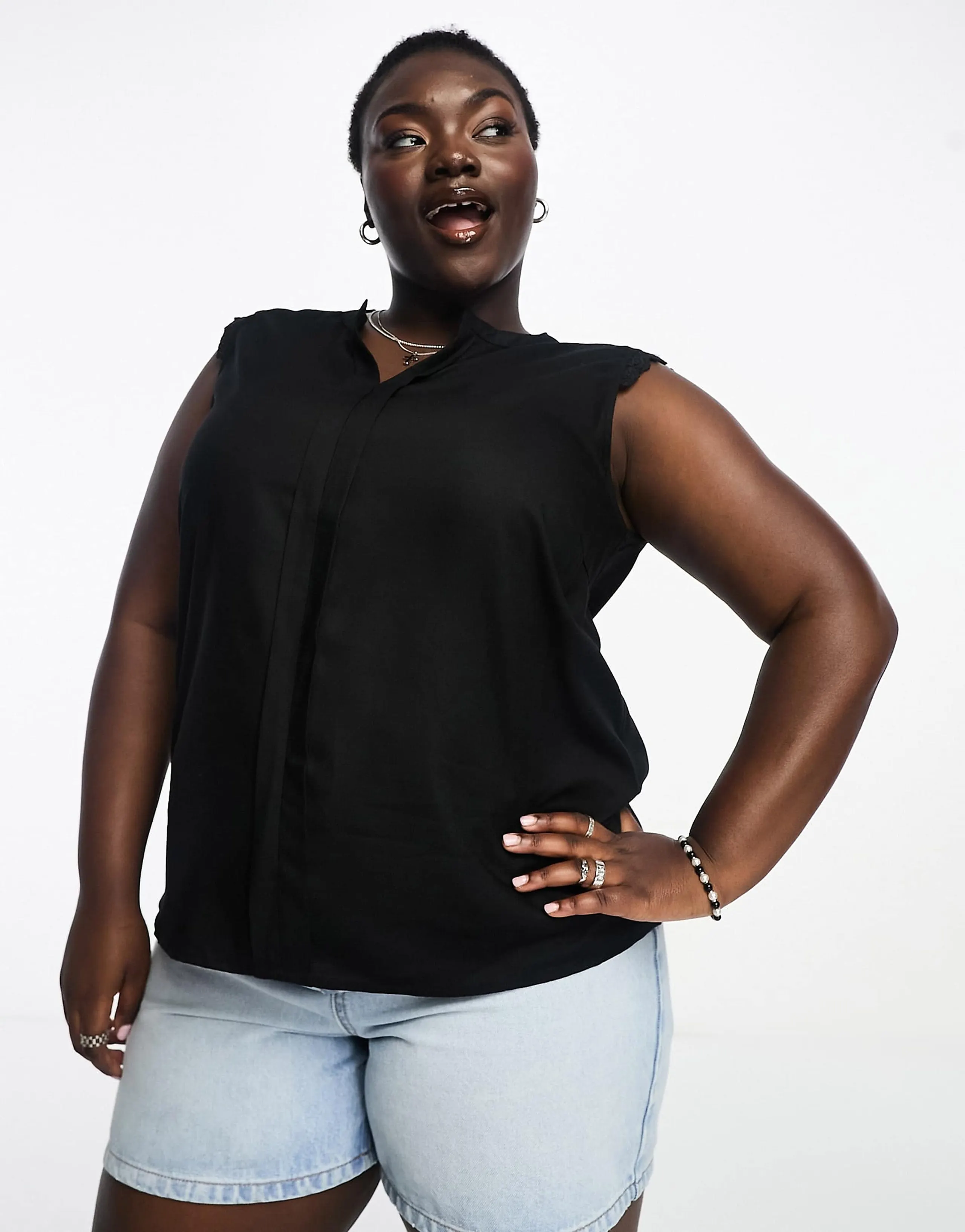 Only Curve V-neck blouse with crochet trim in black 