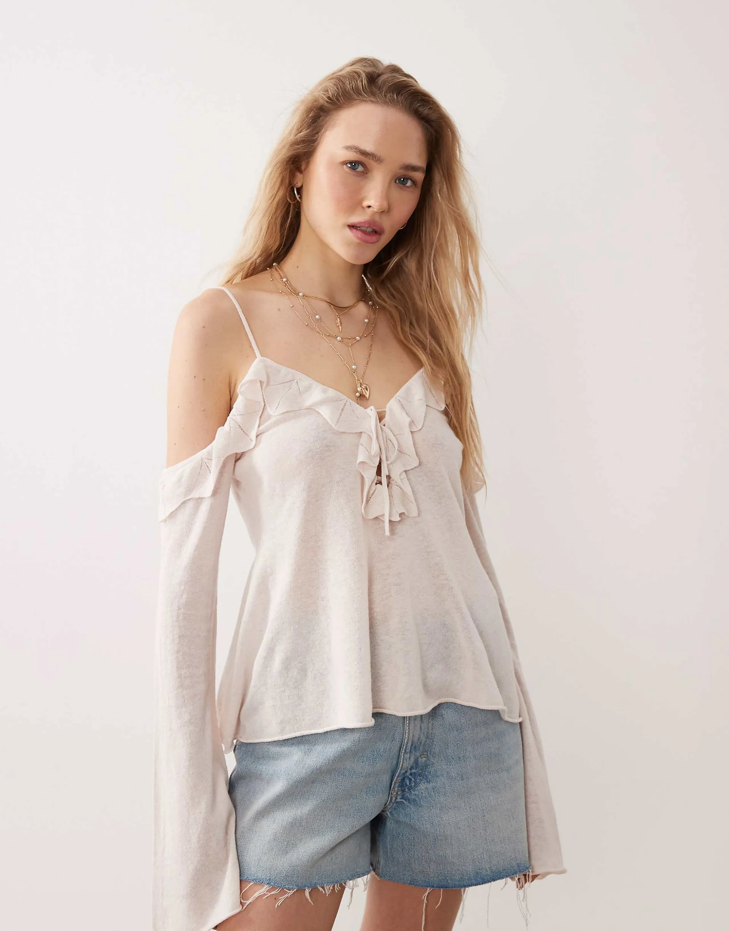 Miss Selfridge premium linen blend knit cold shoulder ruffle trim top in cream