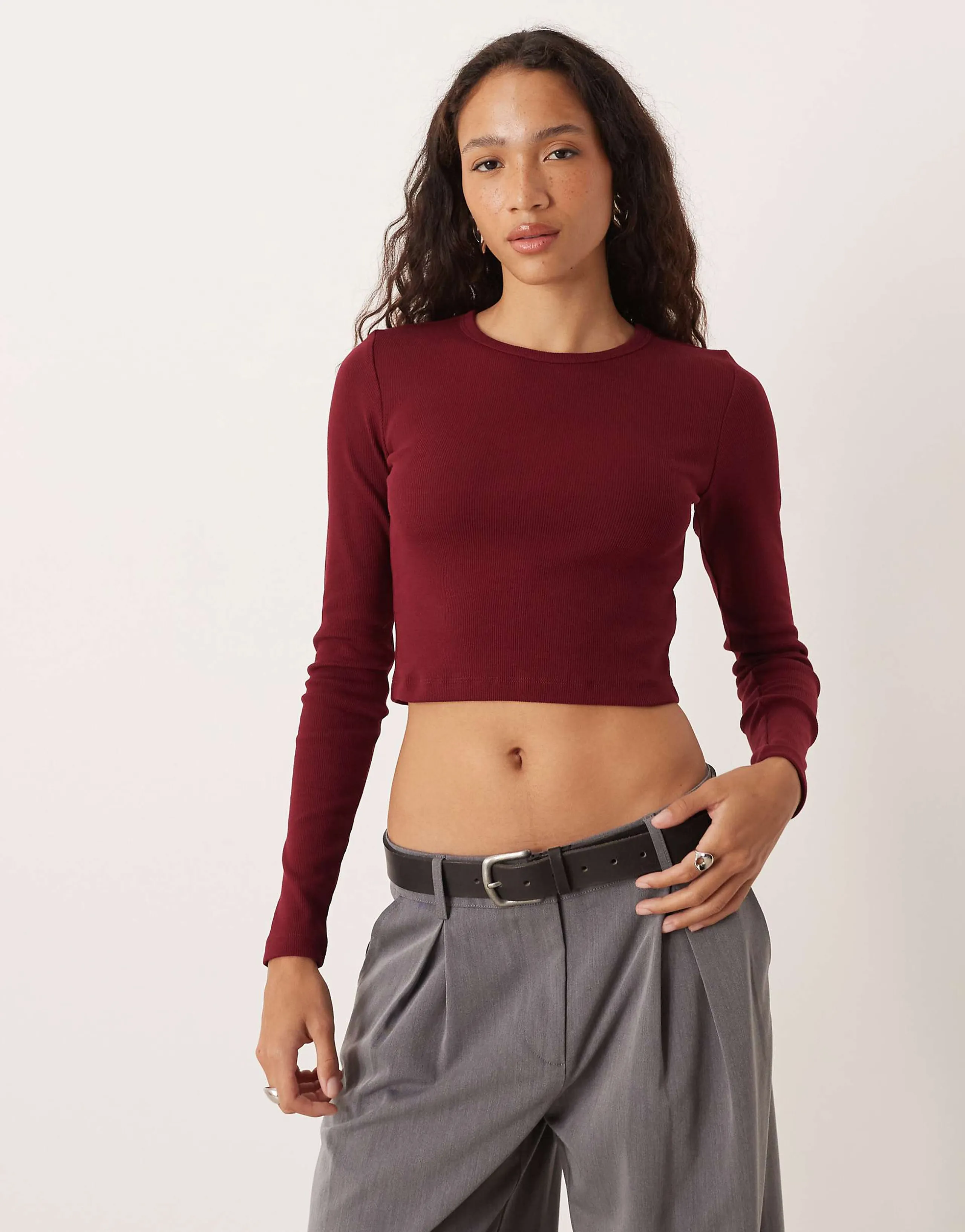 JJXX Feline long sleeve ribbed T-shirt in burgundy