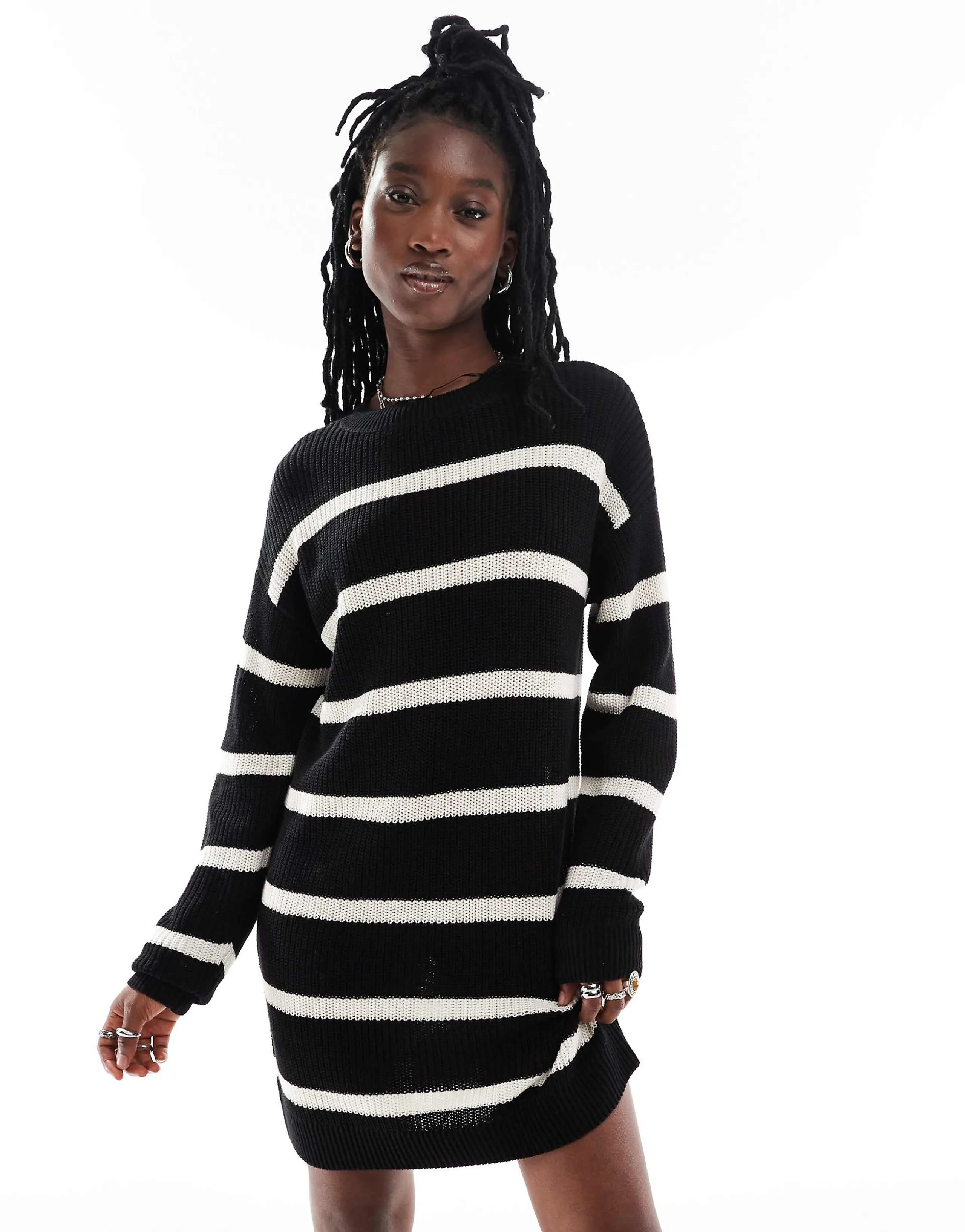 Noisy May oversize knitted sweater dress in black & cream stripe