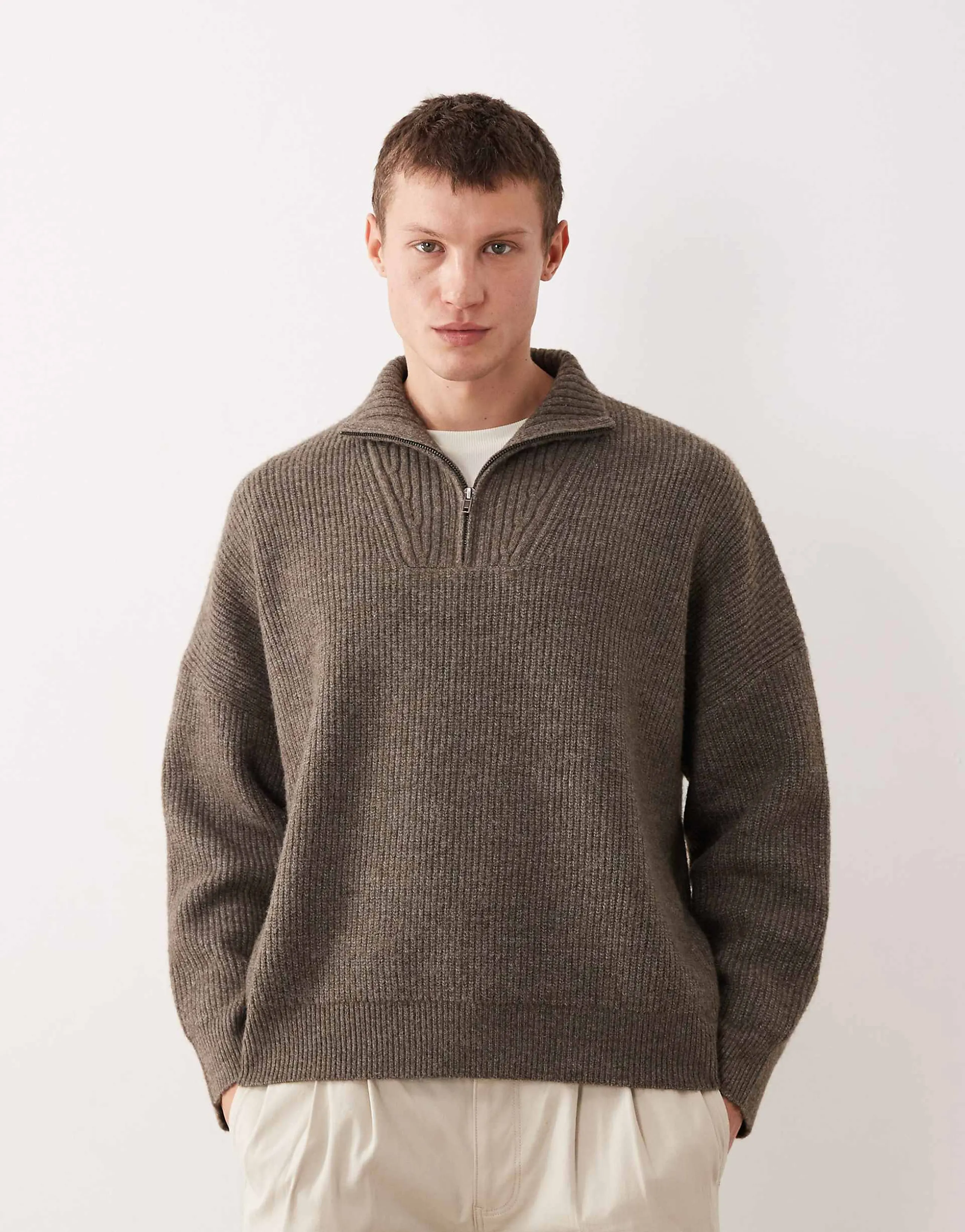 ASOS DESIGN super oversized boxy fit knit rib funnel neck sweater in brown heather