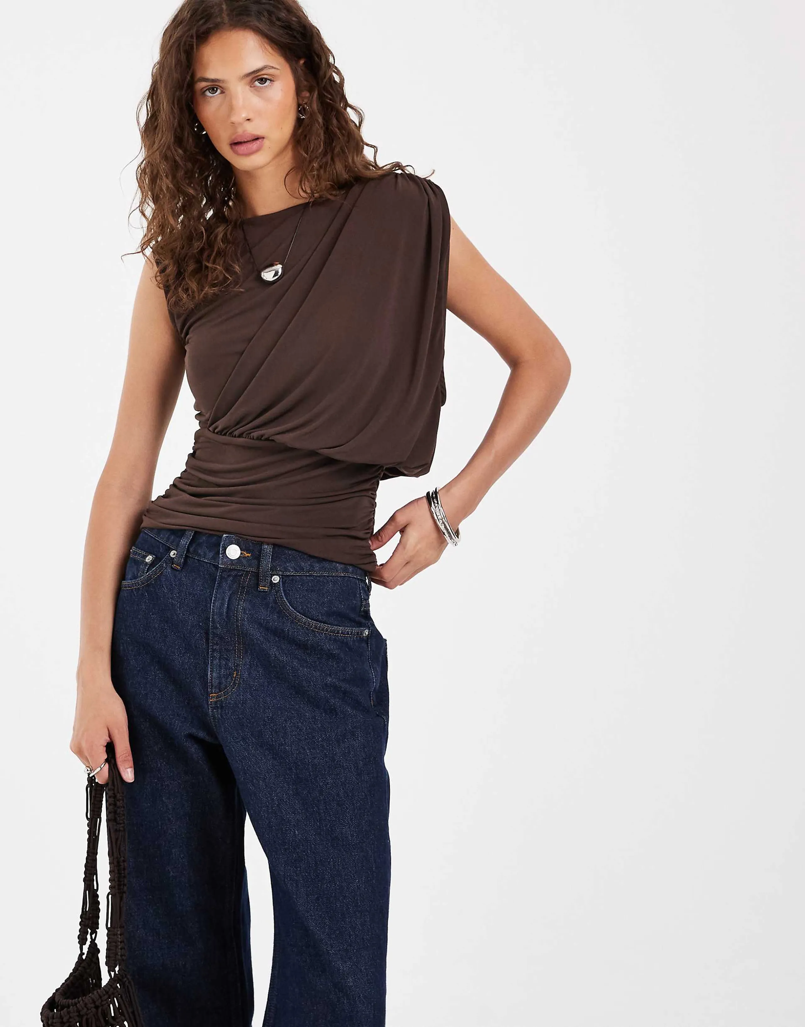 Object draped shoulder top with ruched detailing in chocolate brown
