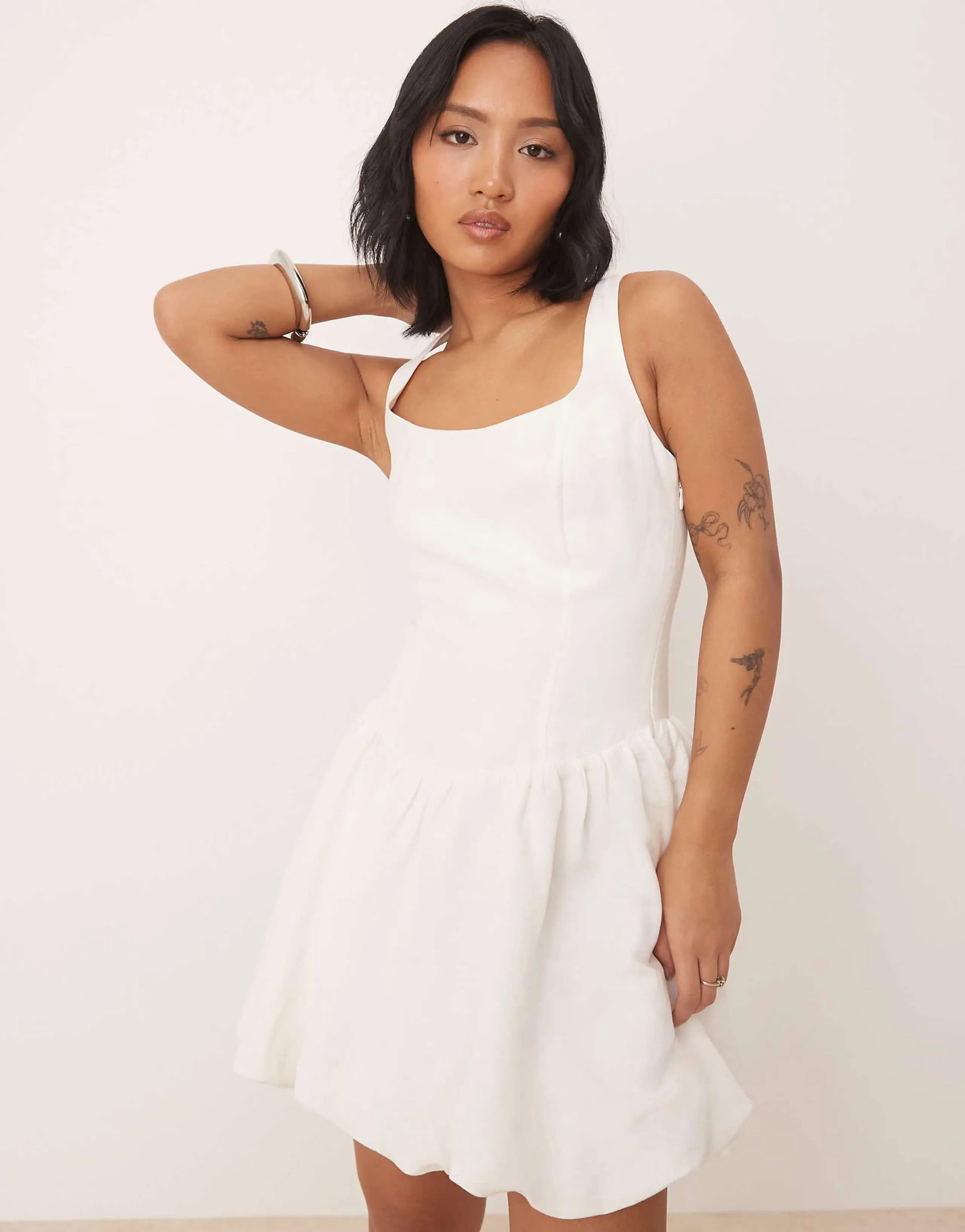 Ever New Petite square neck dropped hem mini dress in white