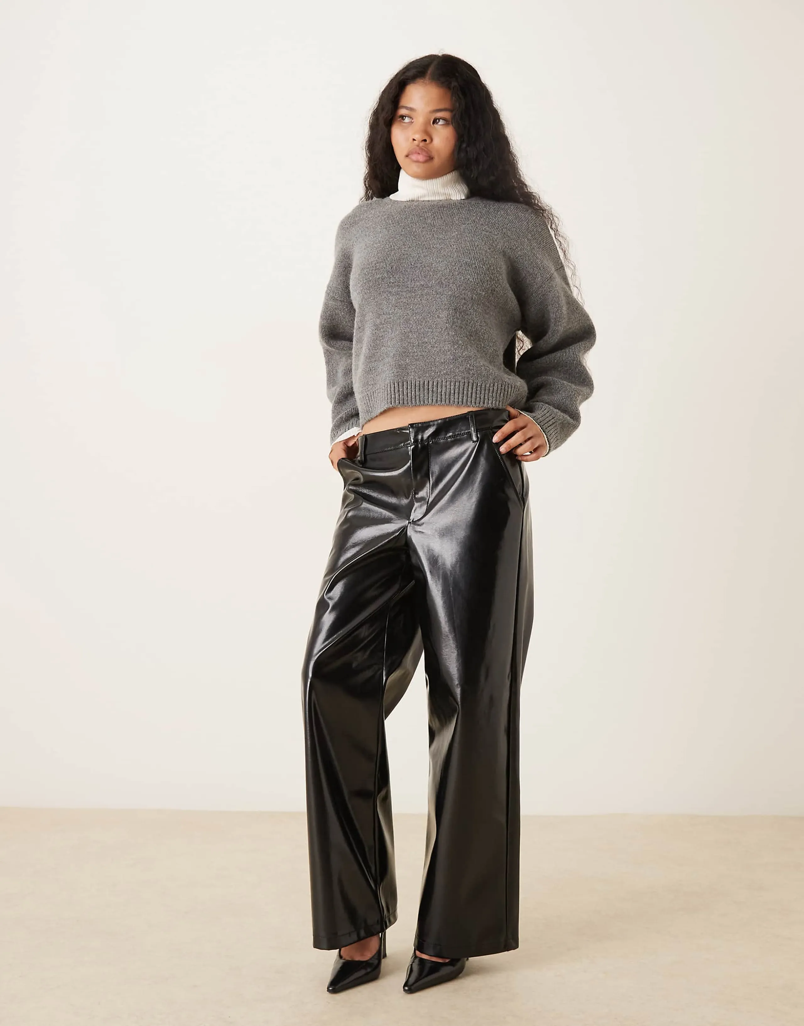 Gina Tricot Petite coated PU straight leg pants in black