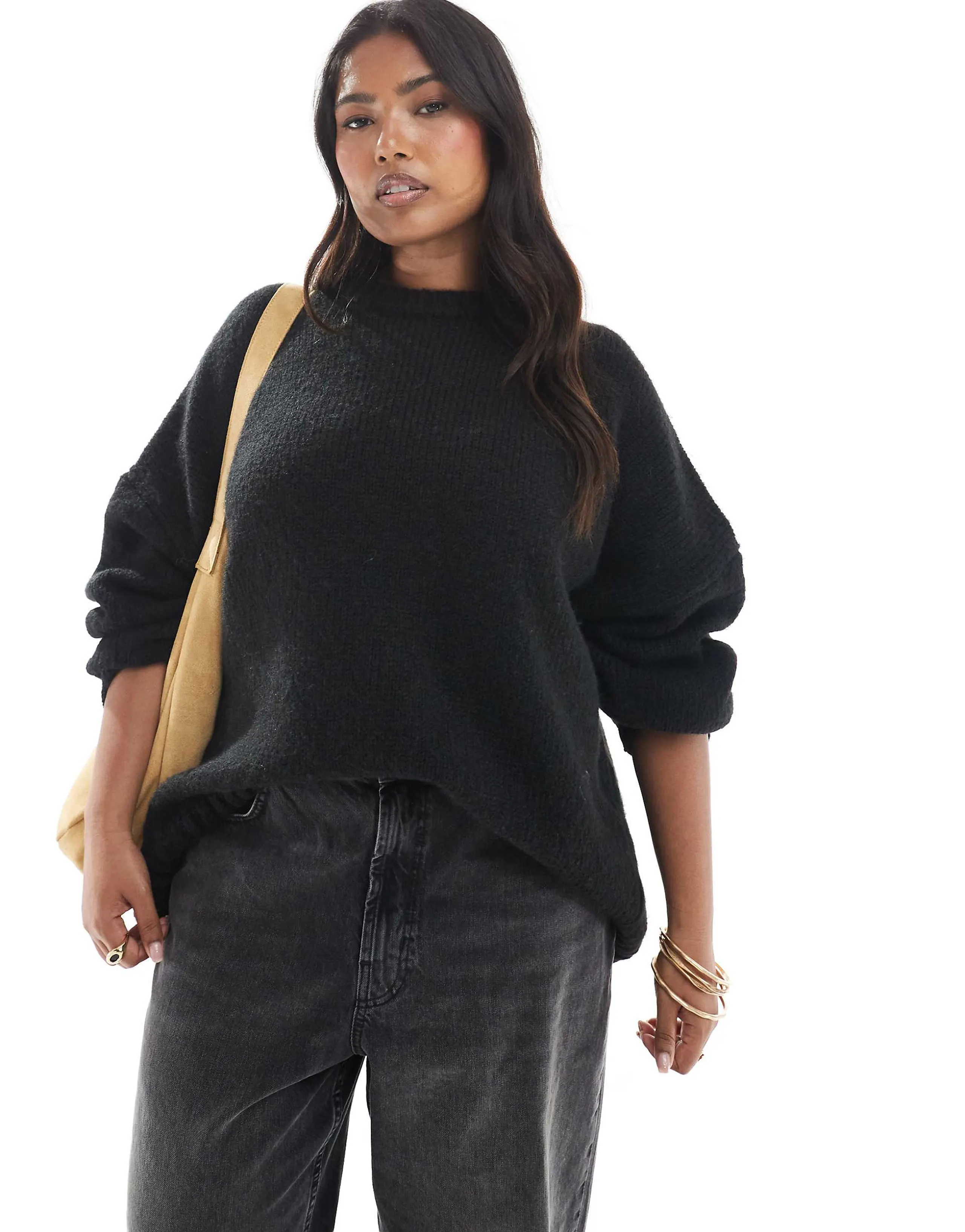 ASOS DESIGN Curve oversized crew neck sweater with curved hem in black