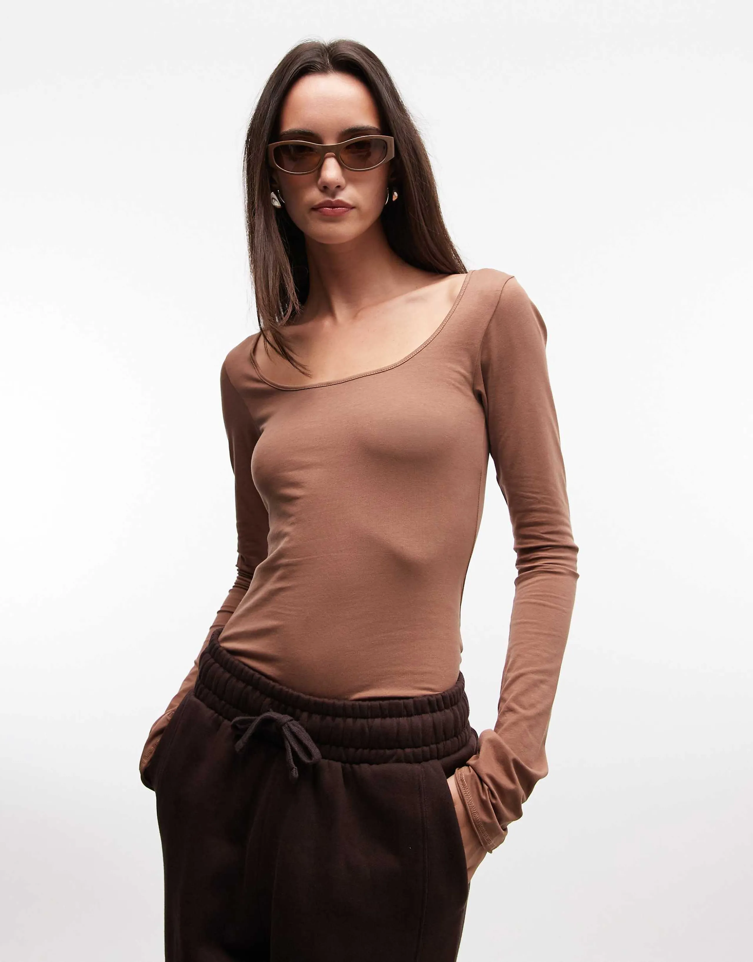 Monki long sleeve slim fit scoop neck T-shirt in brown