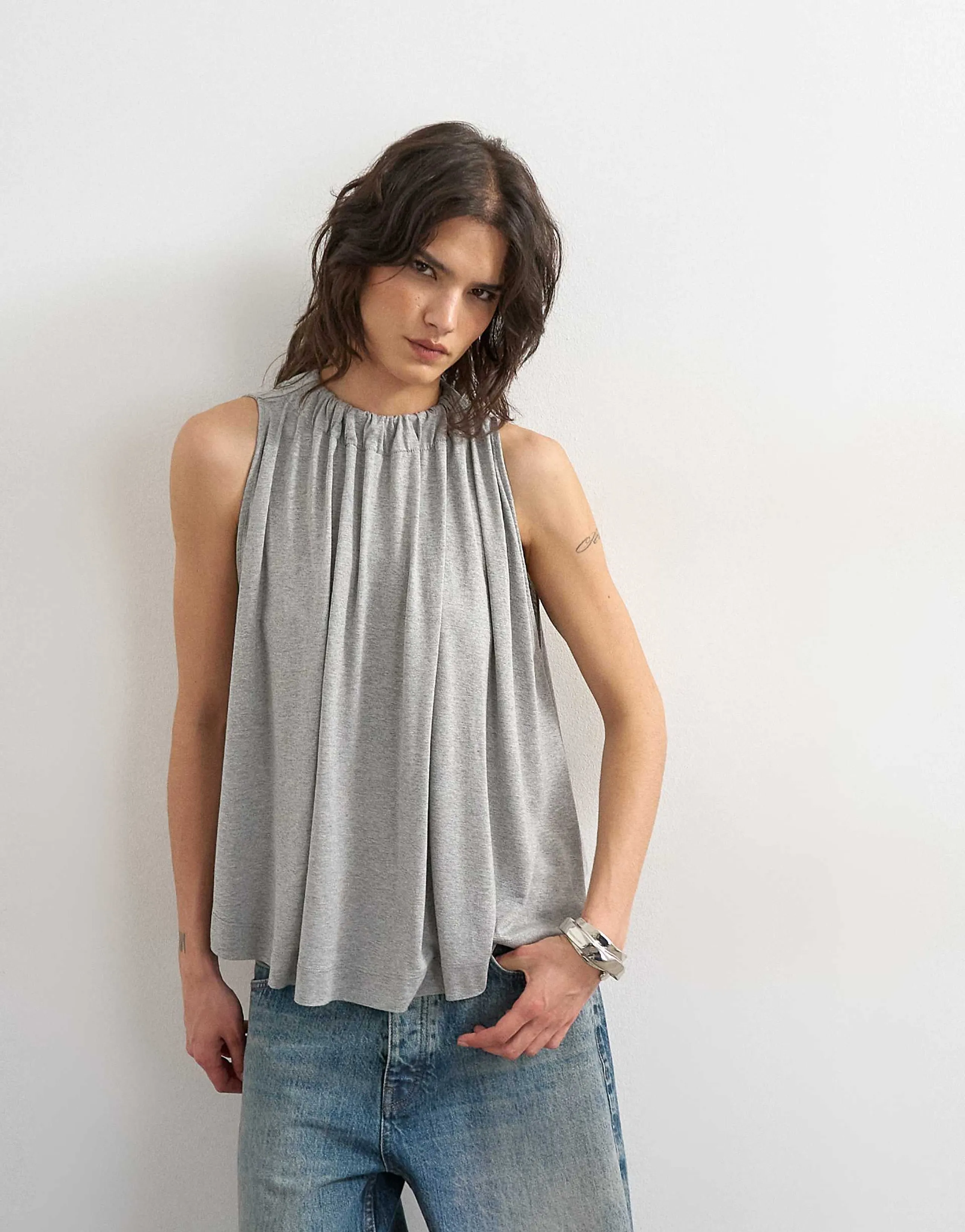 Topshop tie neck detail tank top in gray heather