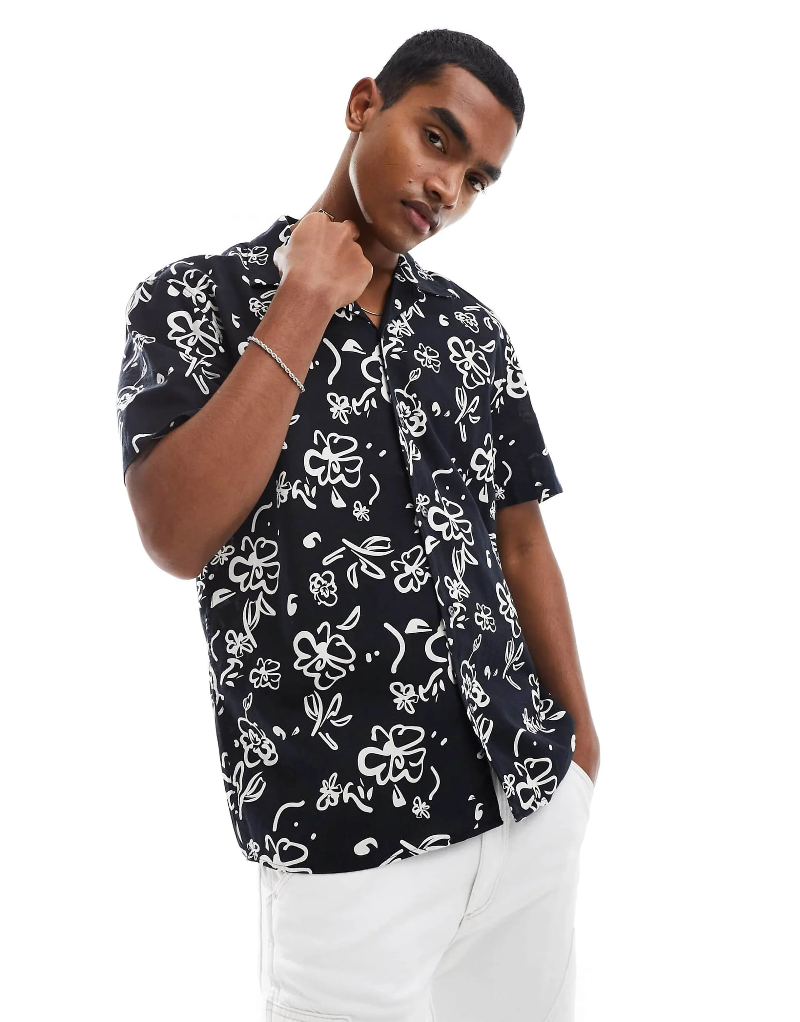 Selected linen mix camp collar shirt with print in black  