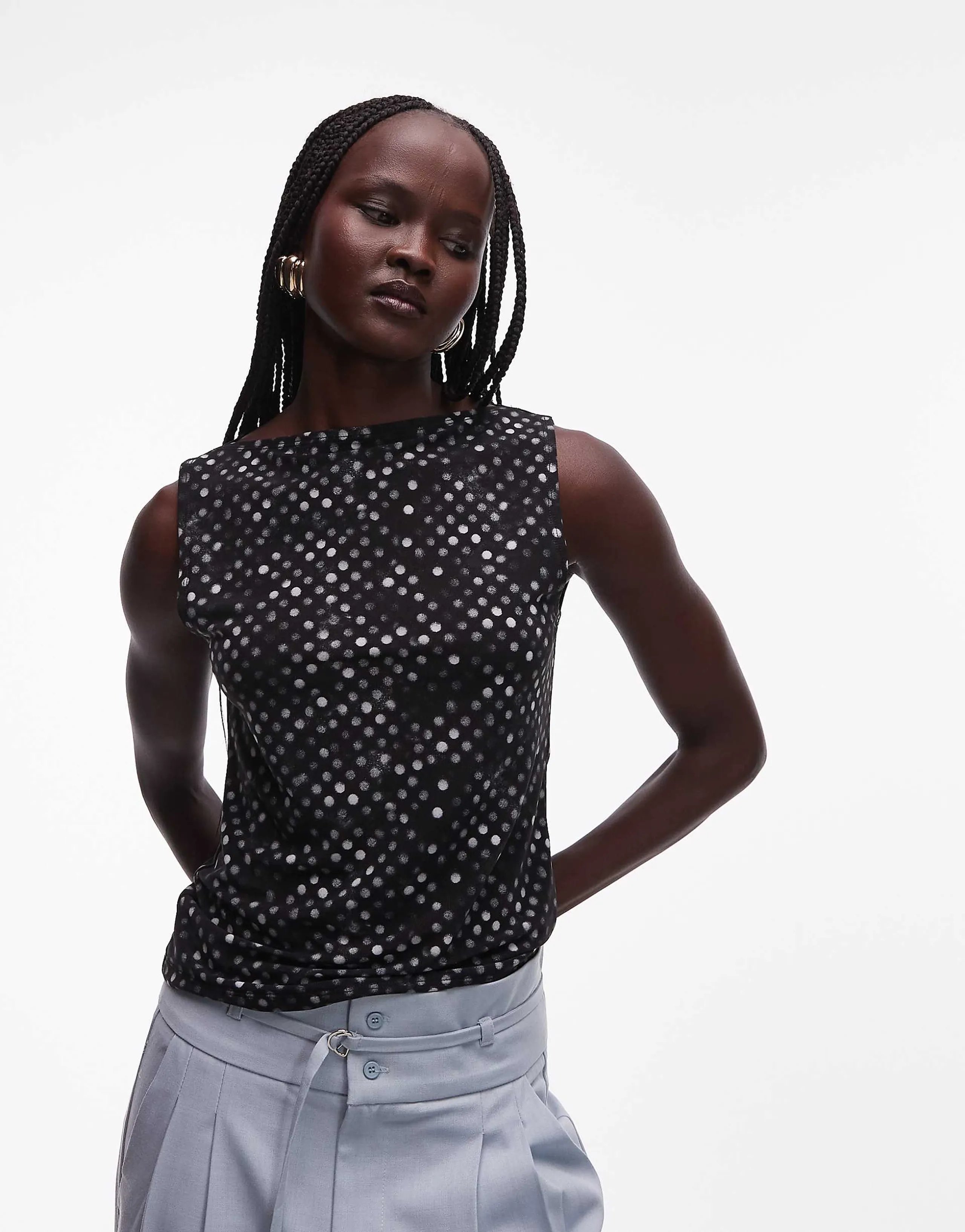 Weekday Annie boatneck mesh top in black polka dots