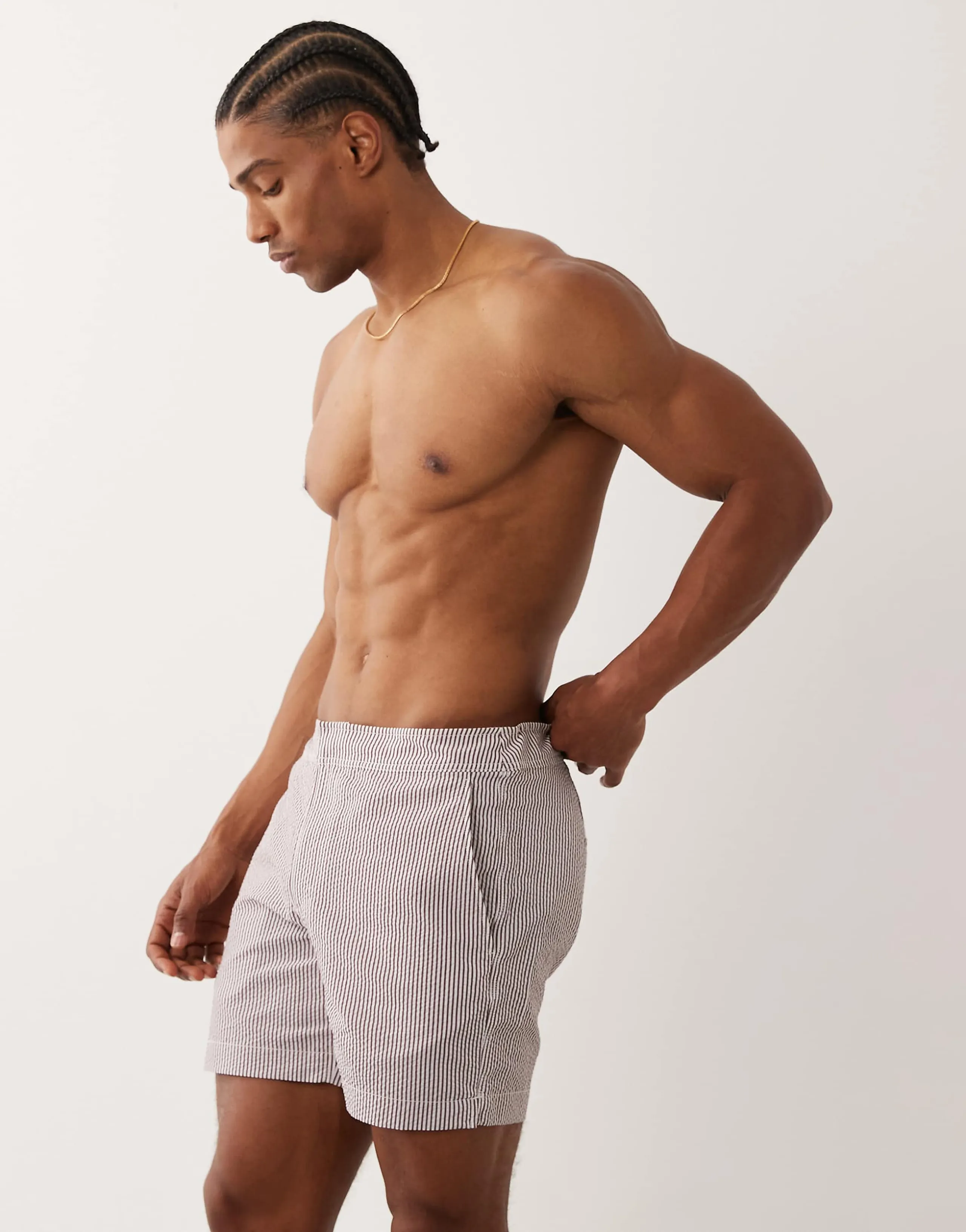 ARKET seersucker swim shorts in burgundy stripes