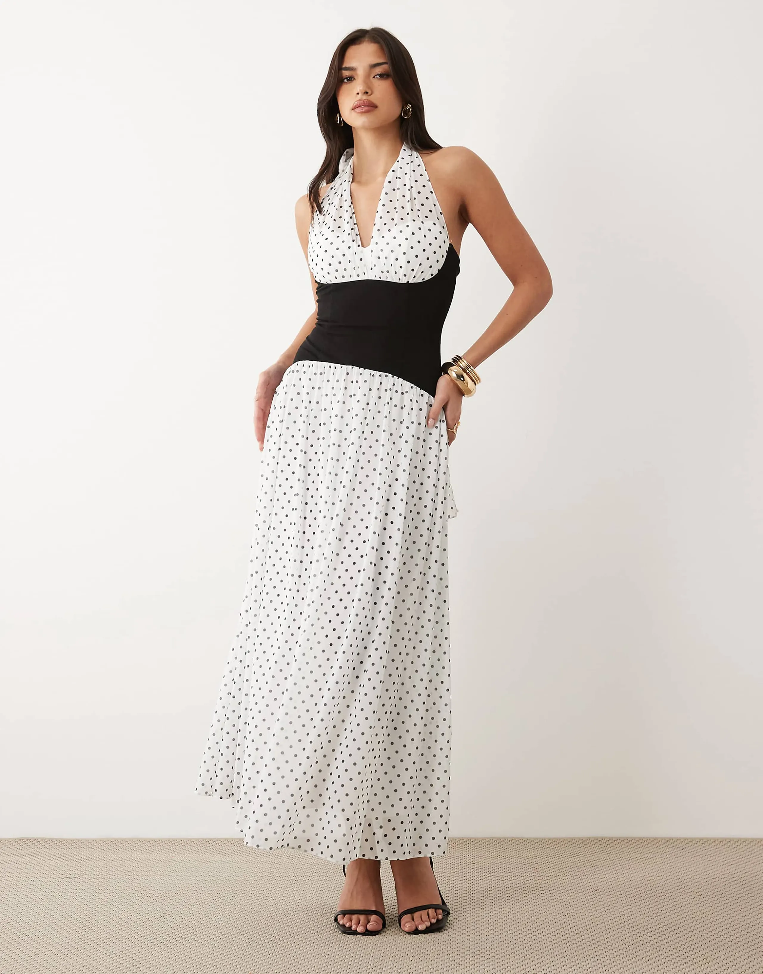 TFNC chiffon contrast waistband halter neck maxi dress in white polka dots 