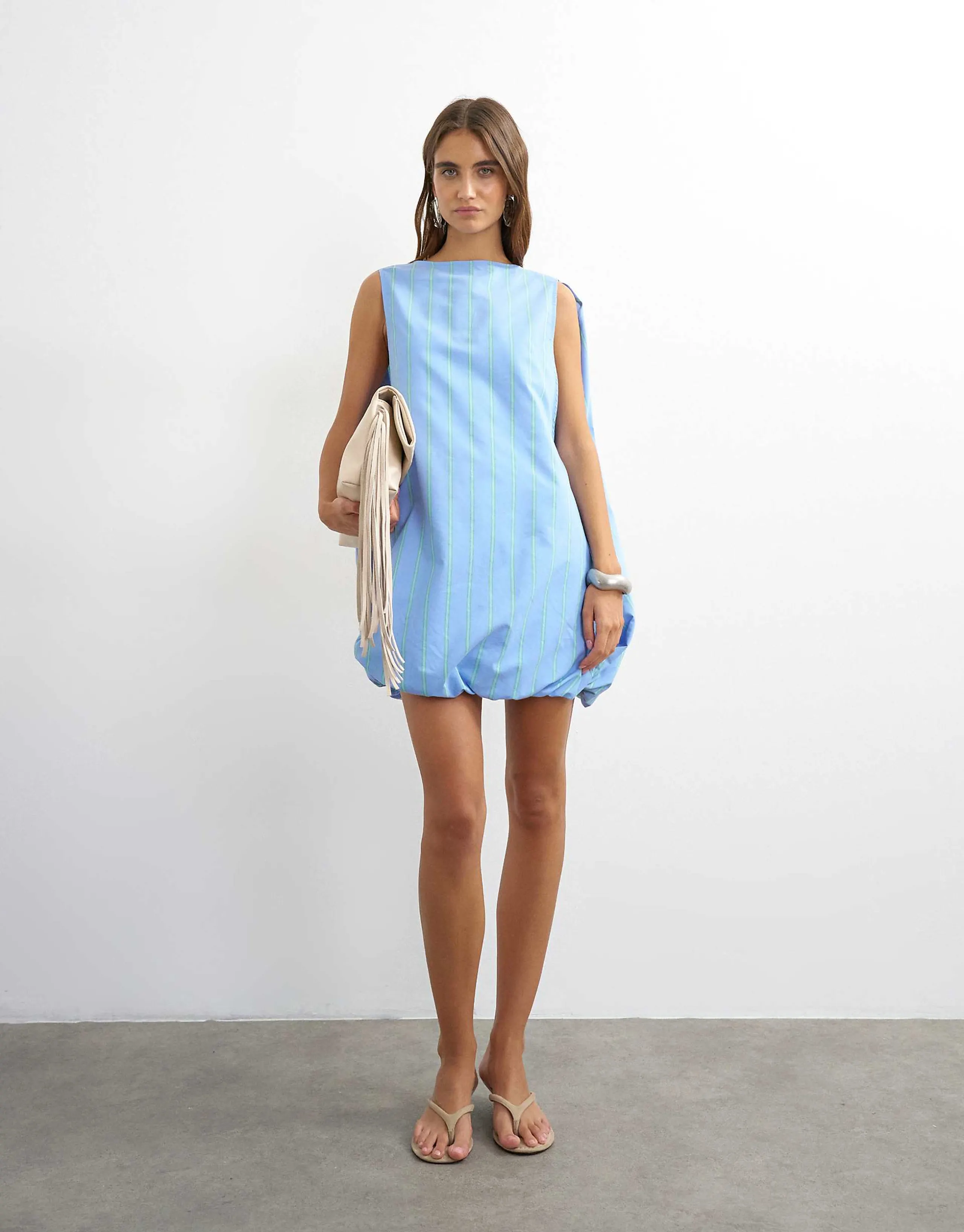 Topshop cotton bubble cape mini dress in woven blue and mint stripe