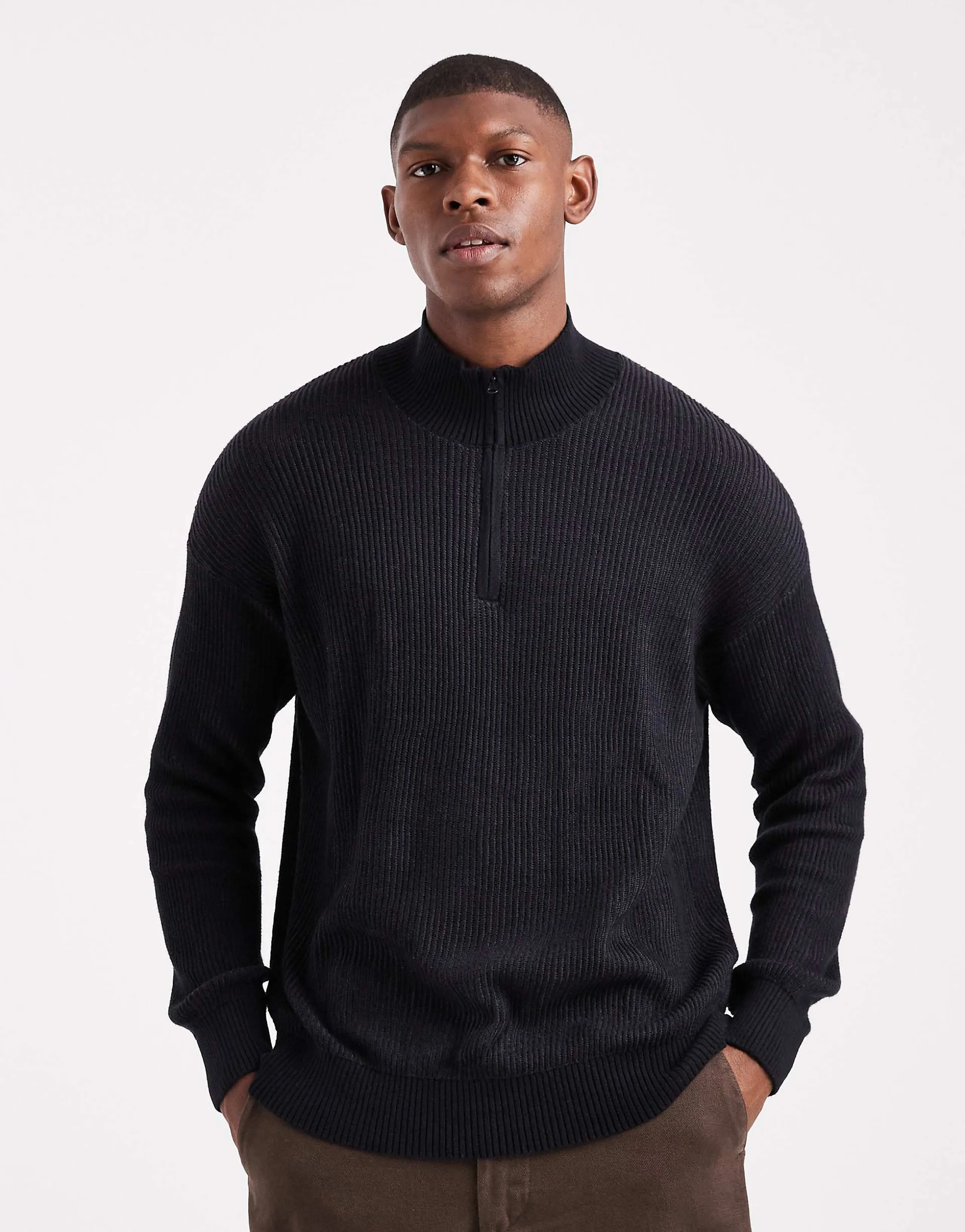 Hollister boxy ribbed quarter zip sweater in black