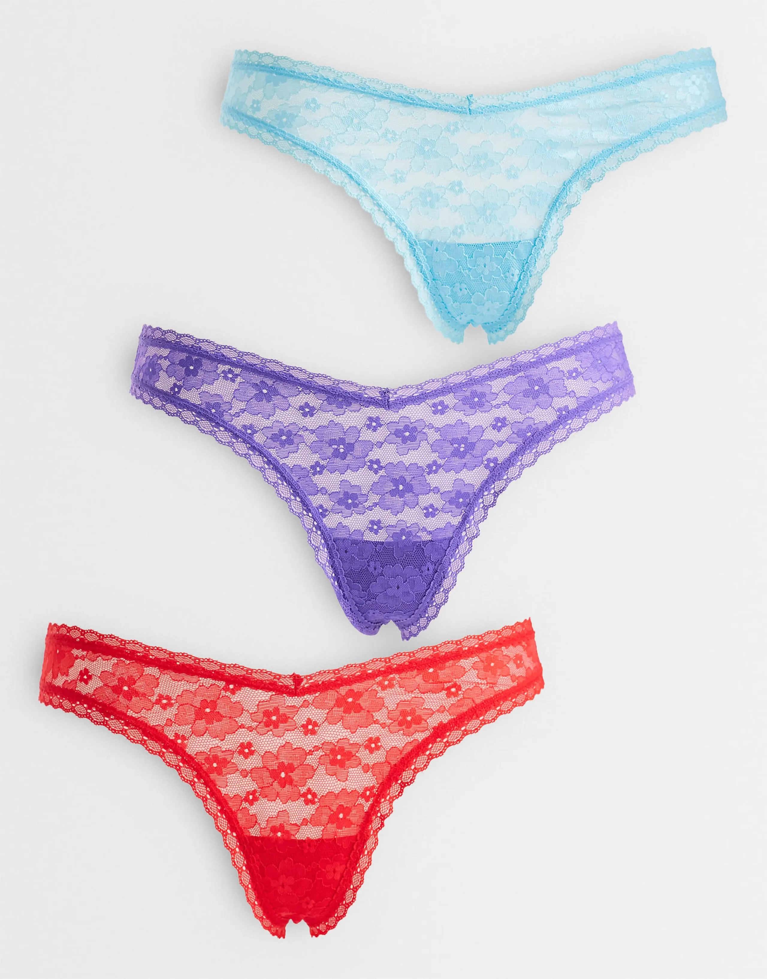 ASOS DESIGN 3 pack all over lace dipped front thong in aqua, red & purple