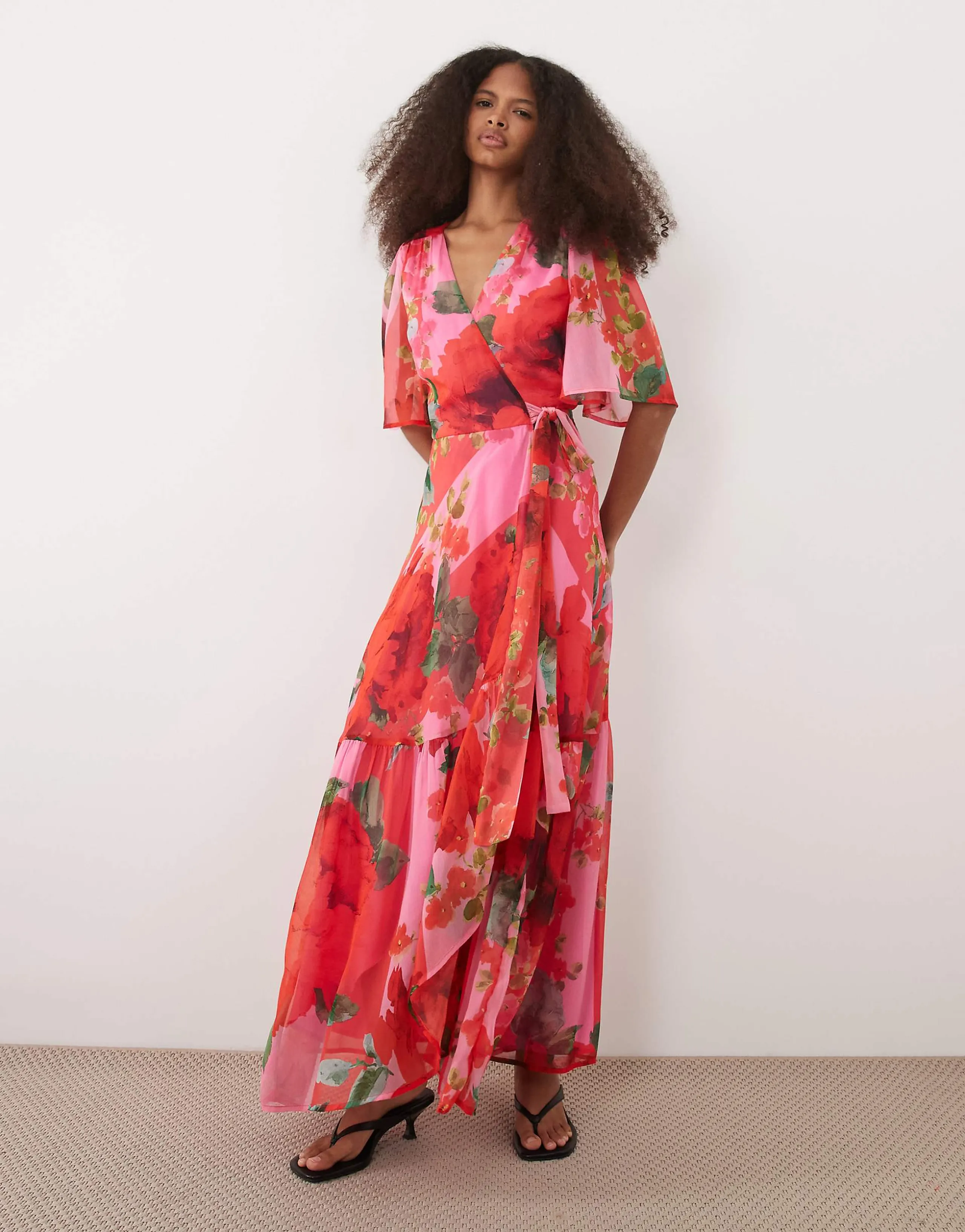 Hope & Ivy flutter sleeve tie waist maxi wrap dress in pink and red floral