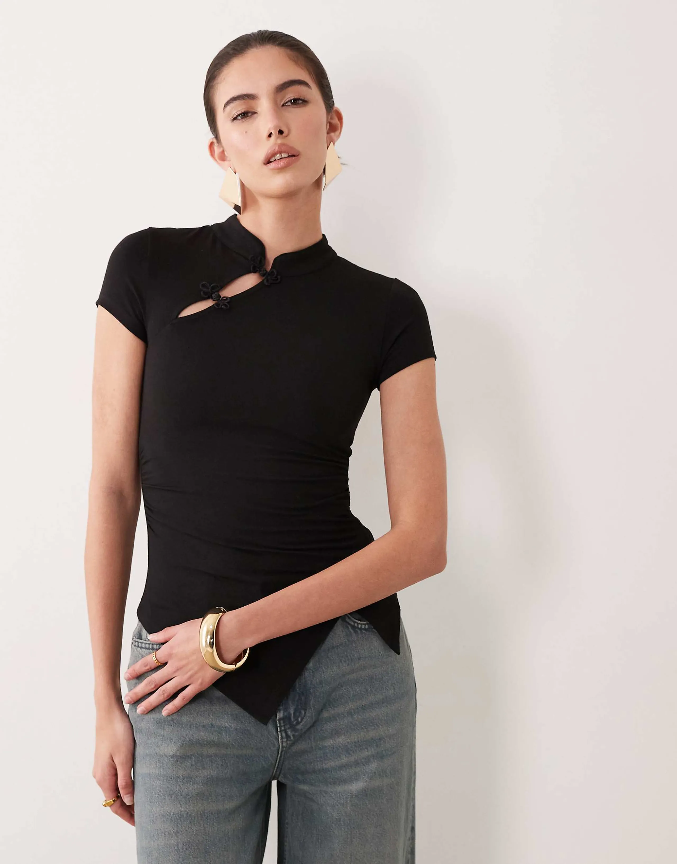 ASOS DESIGN stand collar cap sleeve top in black