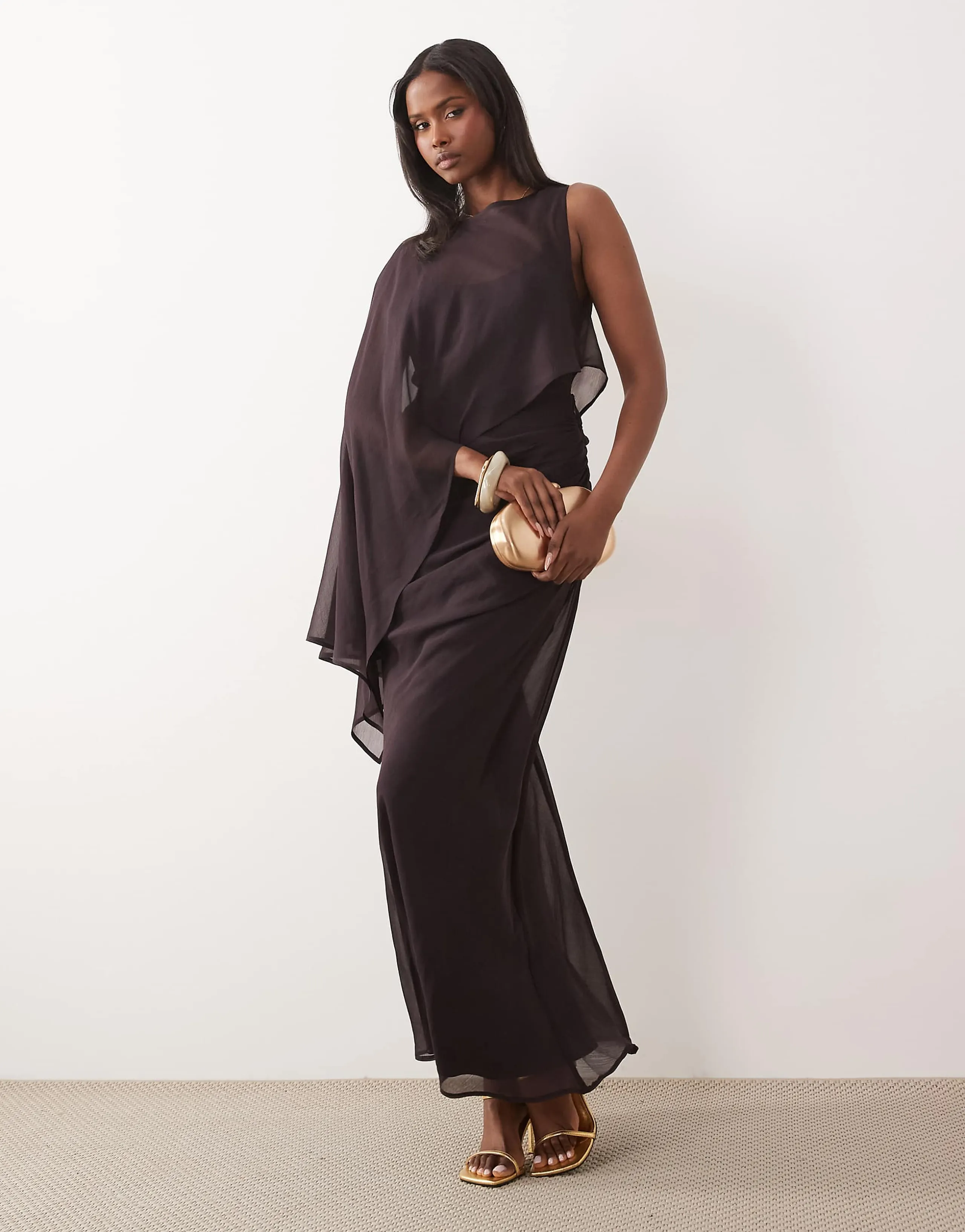 ASOS DESIGN draped batwing asymmetric one sleeve maxi dress in dark chocolate