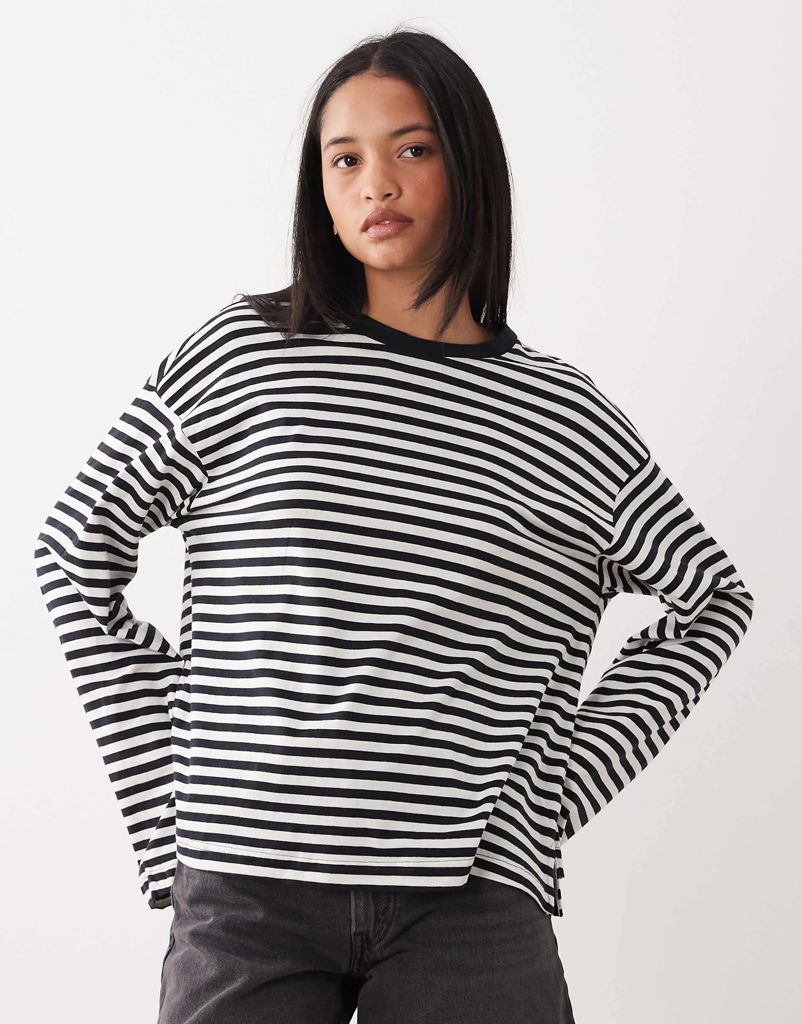 Monki oversized long sleeve T-shirt with side slits in black and white stripe